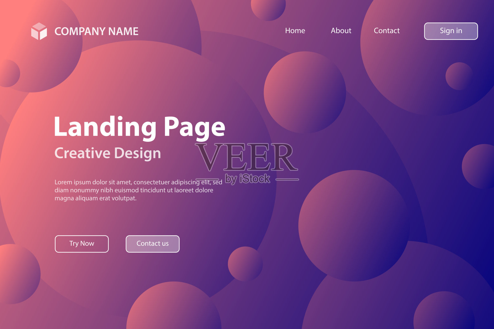 登陆页模板-抽象几何背景与紫色梯度圆插画图片素材