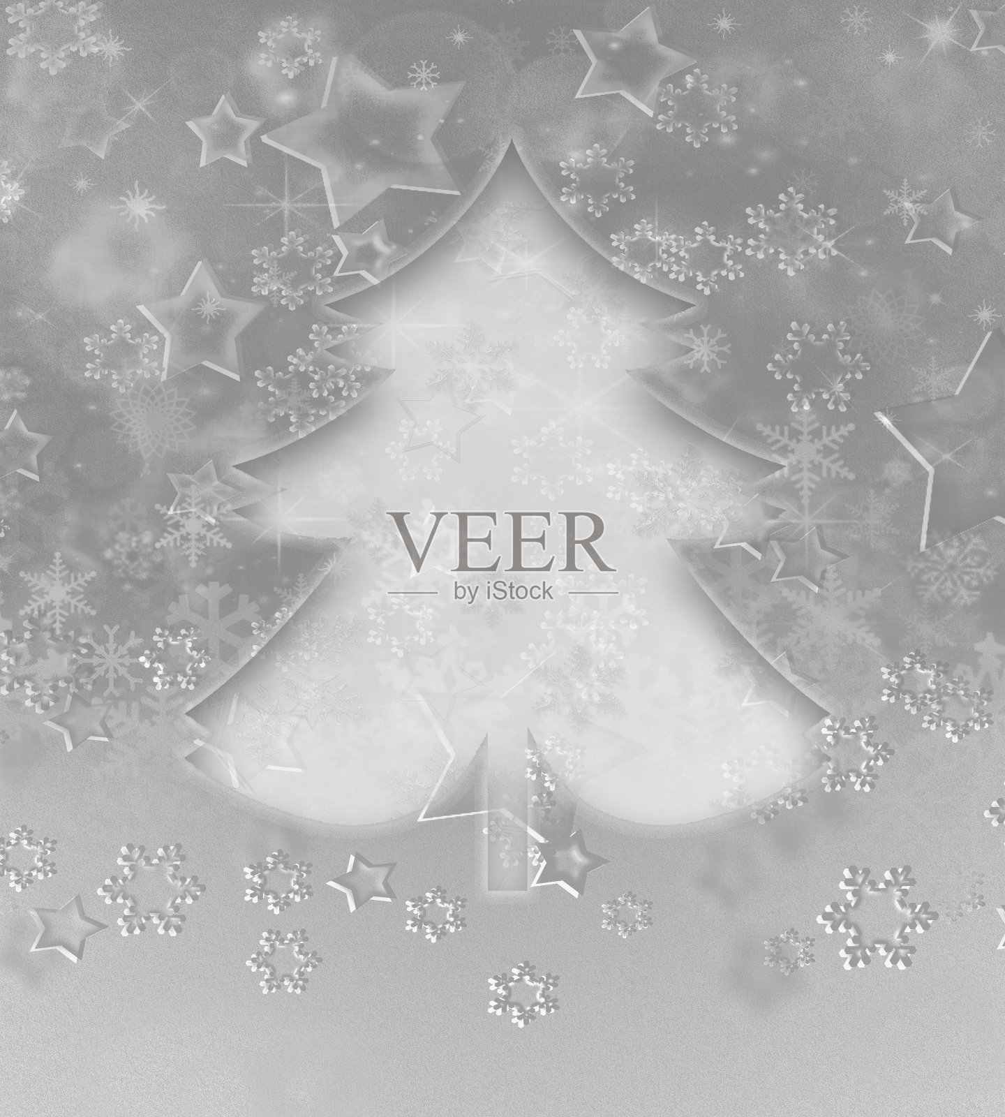 银色背景与圣诞树，雪花和星星形状。插画图片素材