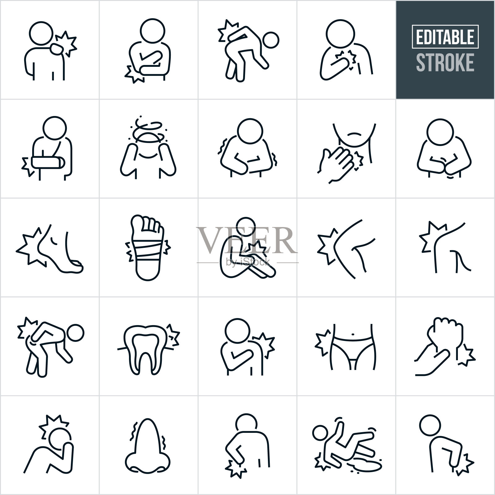 疼痛和不适细线图标-可编辑的笔画插画图片素材