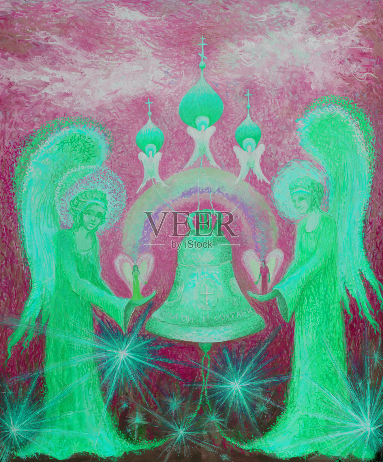 插图油画图标爱的祝福天使在他们的手掌中情人的形象与幸福的第七天堂的女人和男人插画图片素材