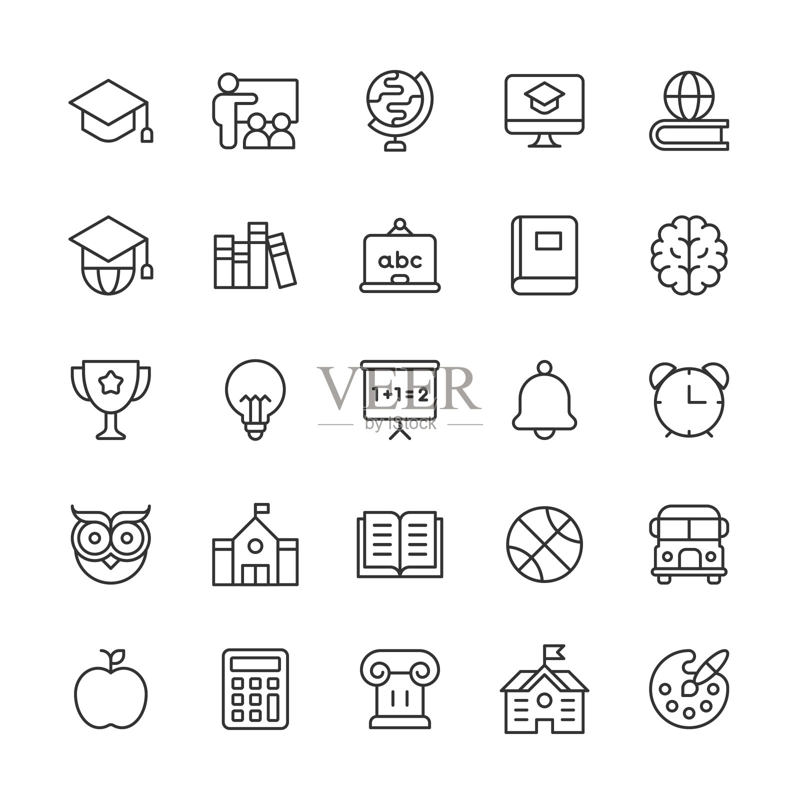 教育行图标。可编辑的中风。像素完美。移动和网络。包含像艺术，天文学，生物学，书，大脑，教室，文凭，电子学习，在家上学，讲座，数学，笔记本，编程，体育，学生，大学等图标。图标素材