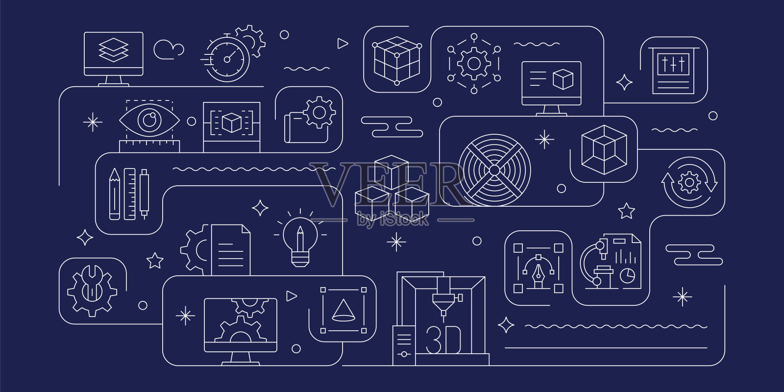 3D打印技术相关矢量横幅设计概念，现代线条风格与图标插画图片素材