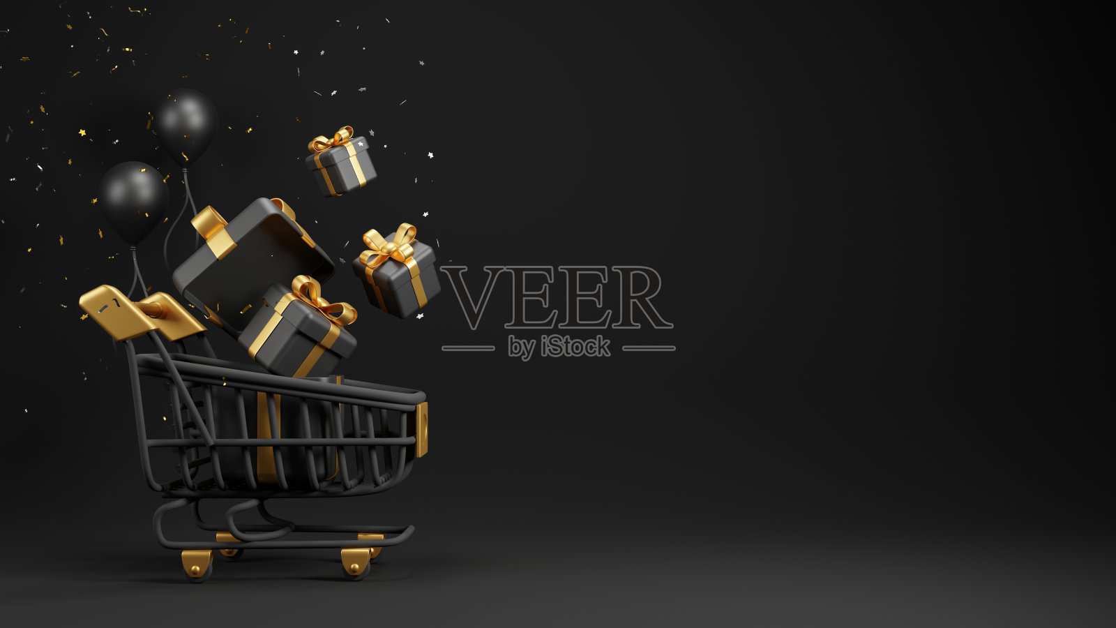 黑色星期五销售设计购物车和礼品盒与彩色纸屑黑色背景3D渲染照片摄影图片