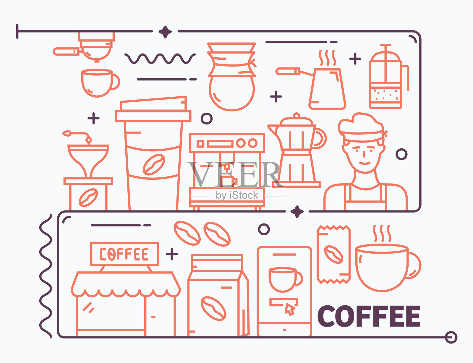 简单的平面设计，可用于许多领域。书籍、杂志、海报、网页等随时可用的草稿。咖啡网页横幅概念与细线平面设计矢量插图。插画图片素材