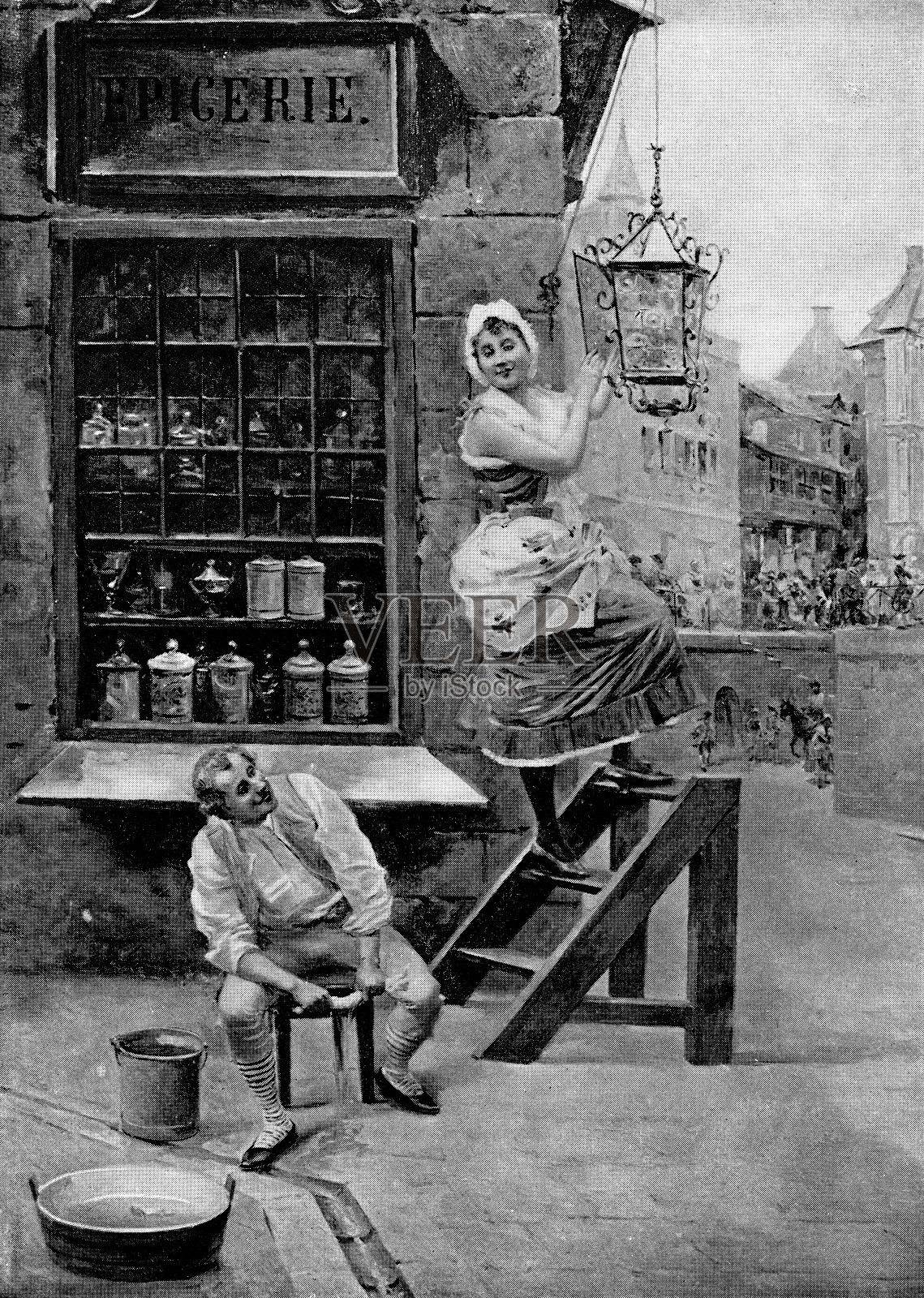 马里亚诺·阿隆索的《杂货店》Pérez - 19世纪插画图片素材