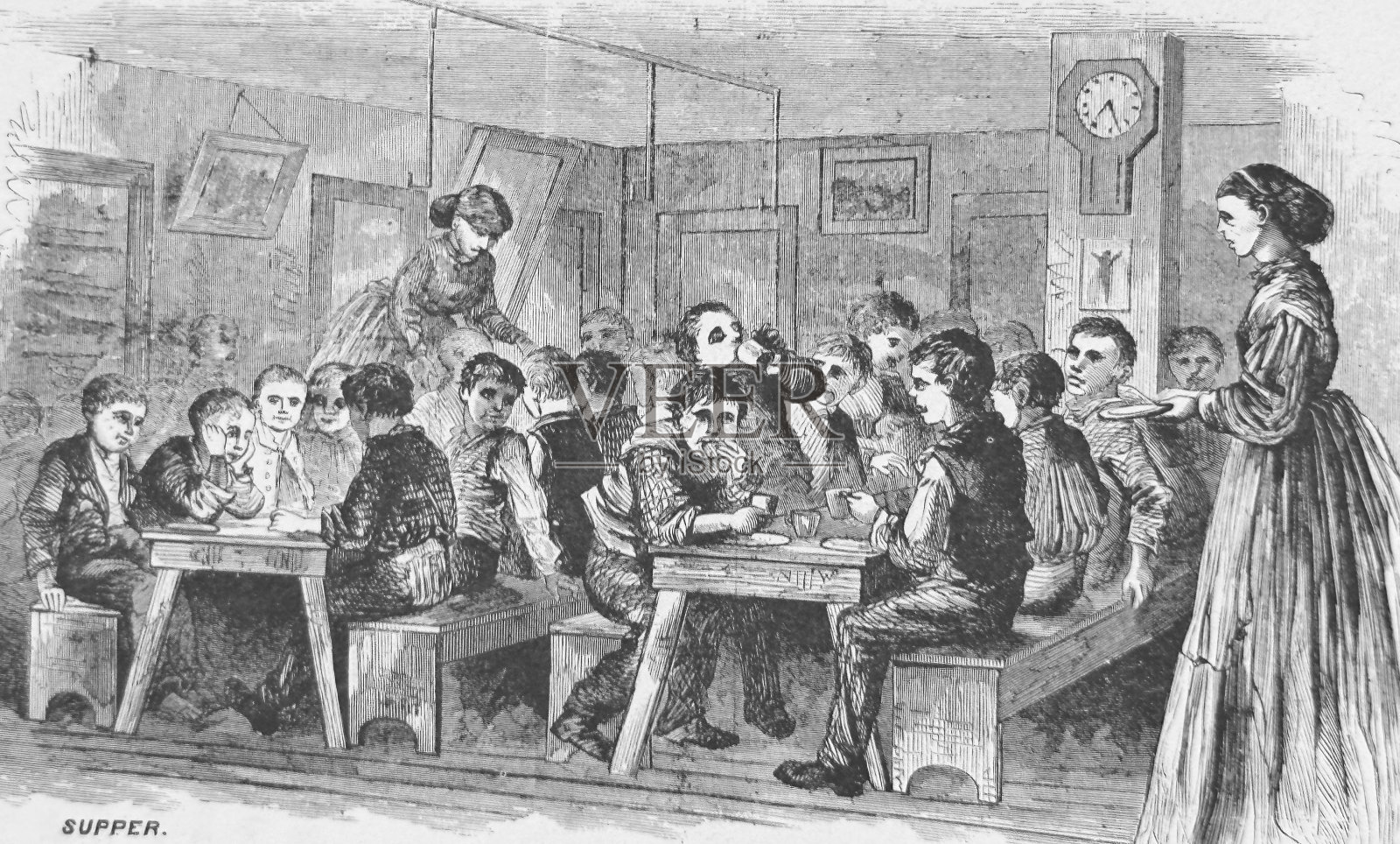 纽约，报童宿舍，晚餐，1867年插画图片素材