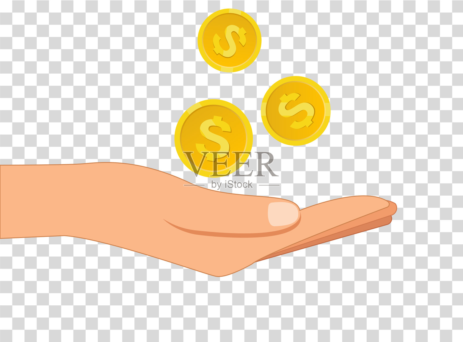 手与硬币在透明的背景。插画图片素材