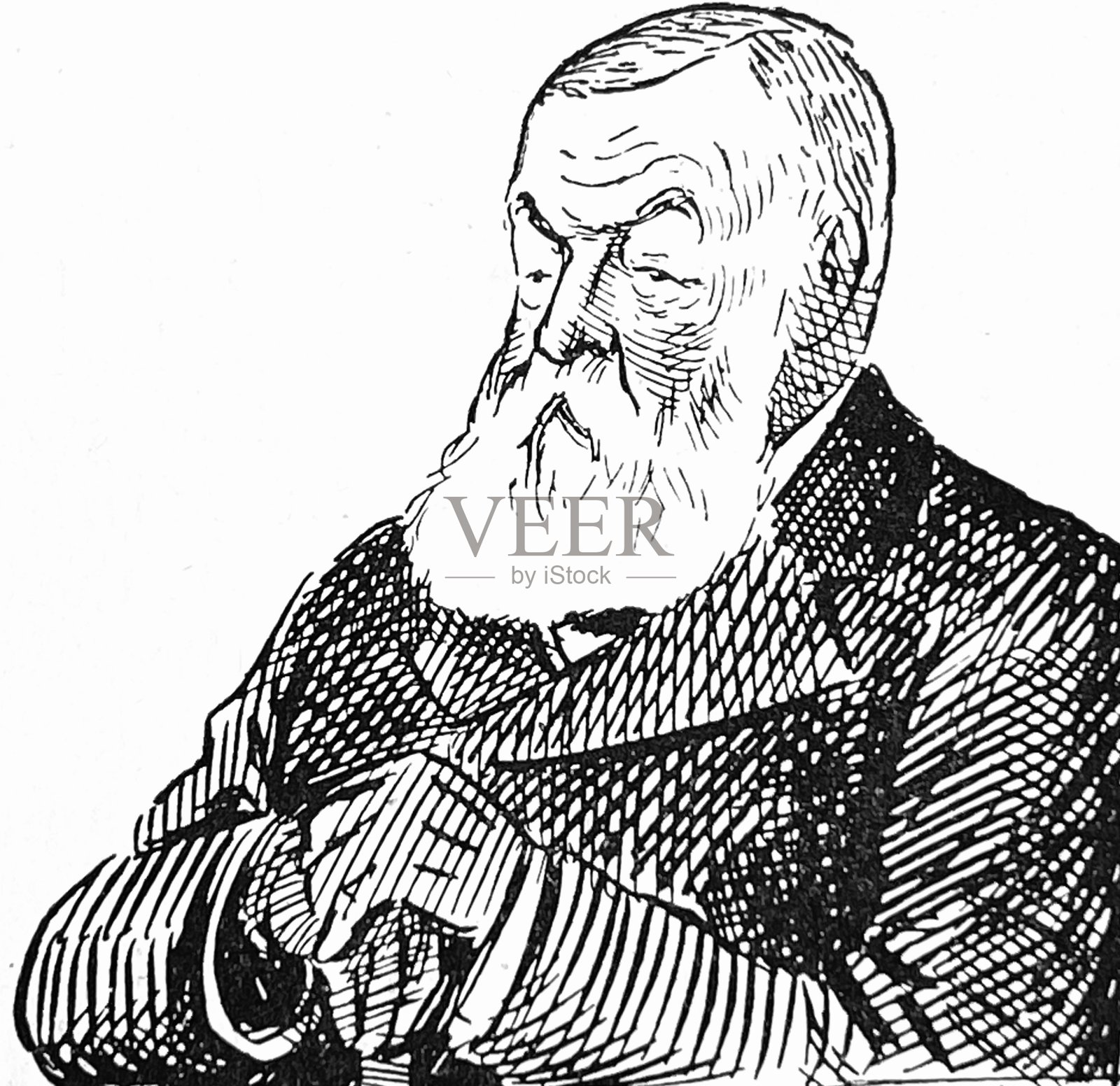 一个留着长胡子的稳重的老人双手交叉，正在思考插画图片素材