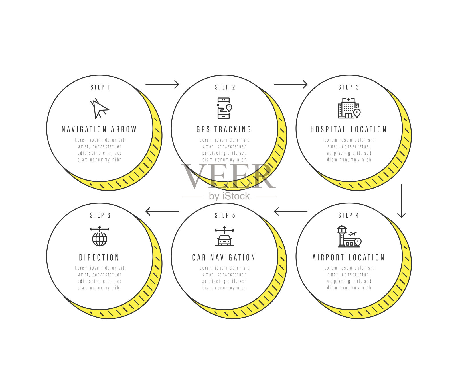 信息图表设计模板。导航箭头，GPS跟踪，医院位置，方向，汽车导航，机场位置图标6个选项或步骤。插画图片素材