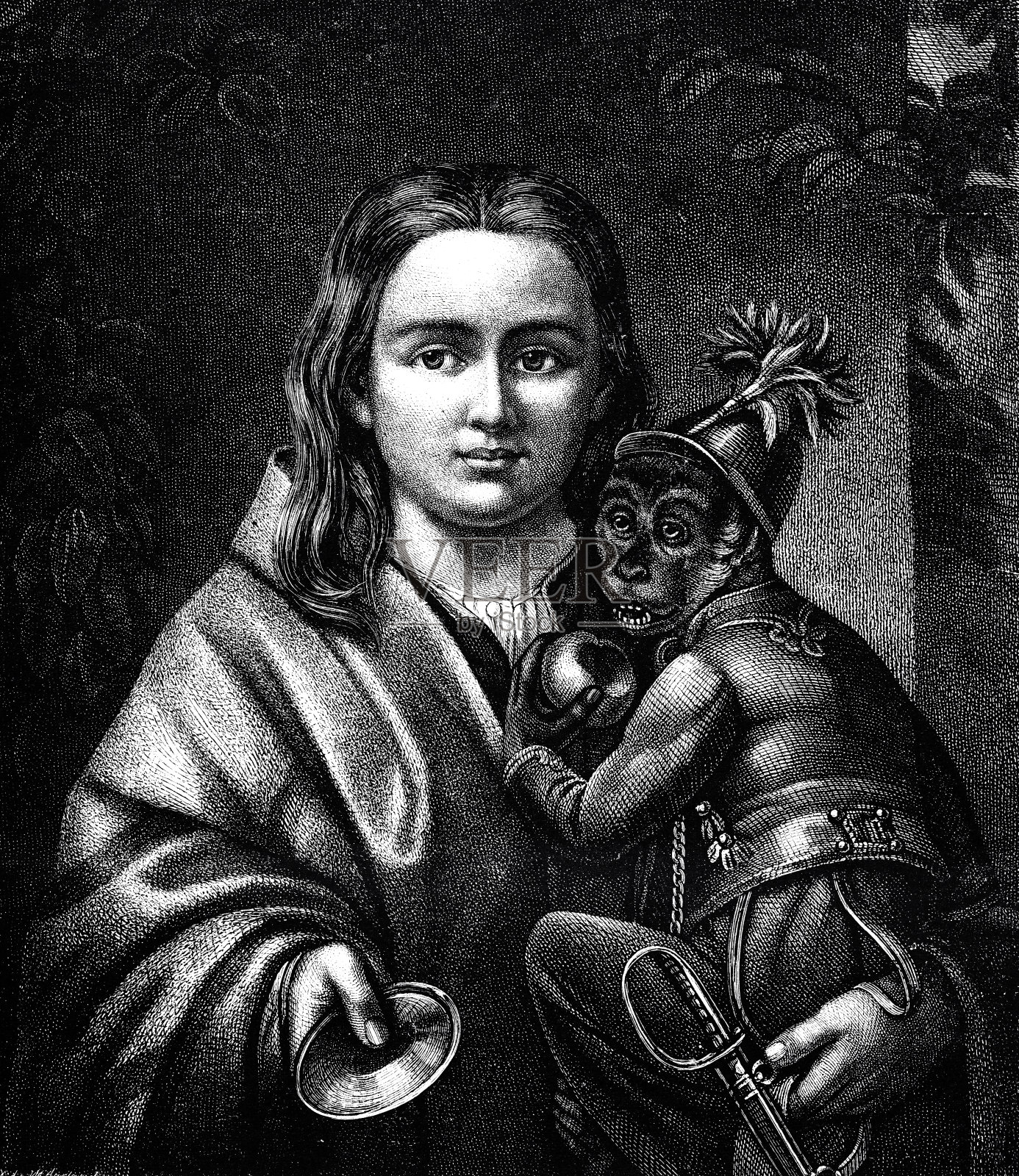 马戏团的一个女孩手臂上绑着一只猴子，她要求捐款插画图片素材