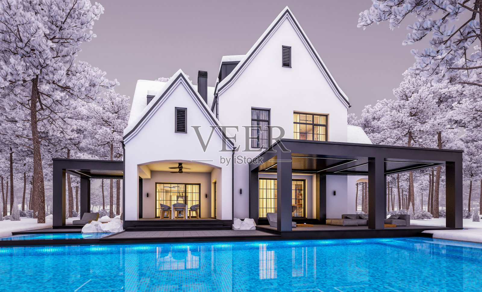 冬季夜晚白色和黑色现代都铎式房屋的3D渲染照片摄影图片