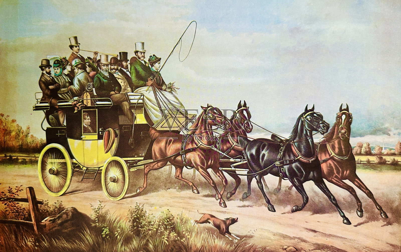 上层甲板的四轮马车，满载货物，四人拉手，狗在一旁奔跑插画图片素材