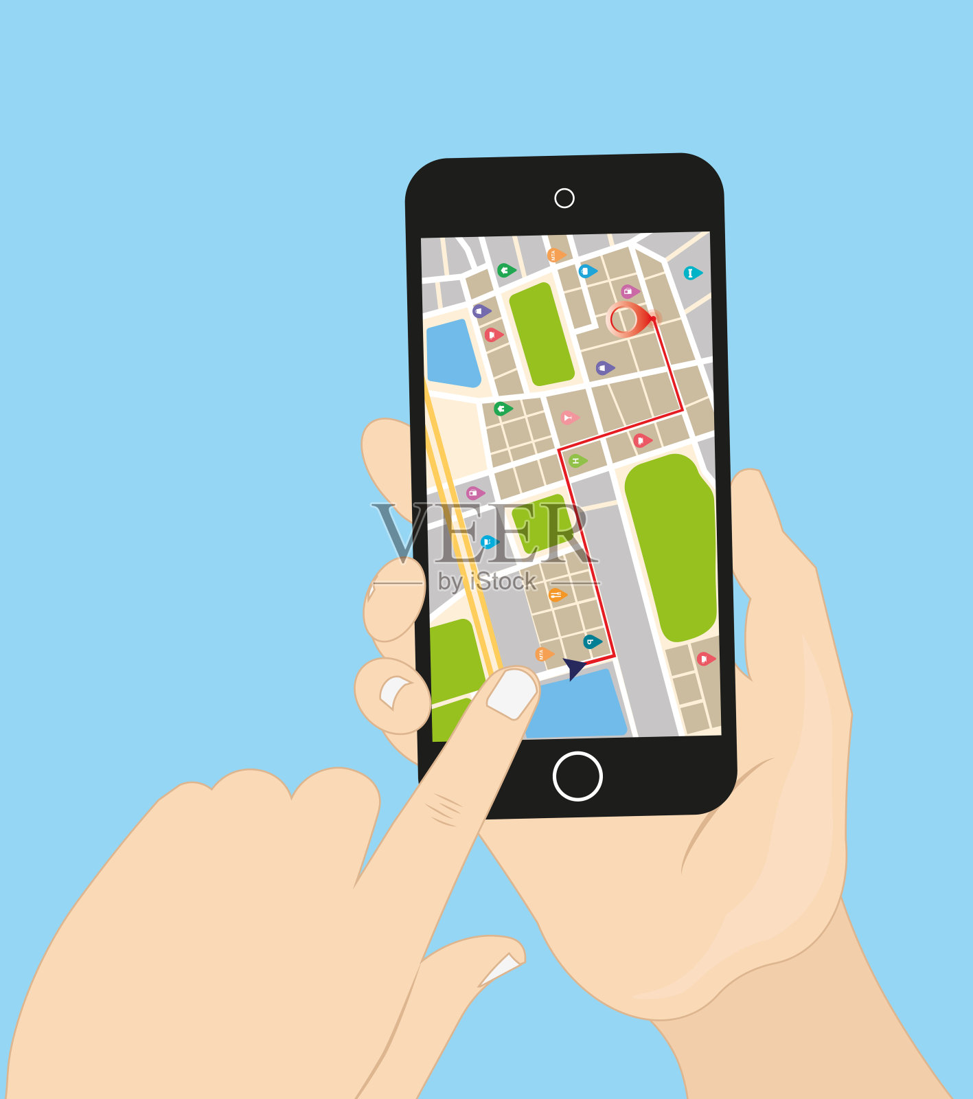 智能手机与导航，平板等距手持智能手机与地图上的精确定位应用程序插画图片素材