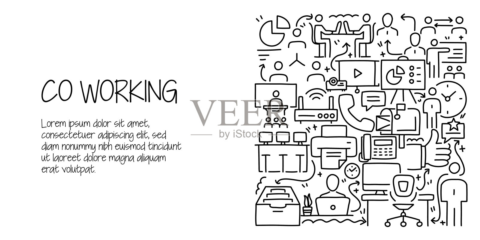 合作工作相关的涂鸦插图。现代设计矢量插图的网页横幅，网站标题等。插画图片素材
