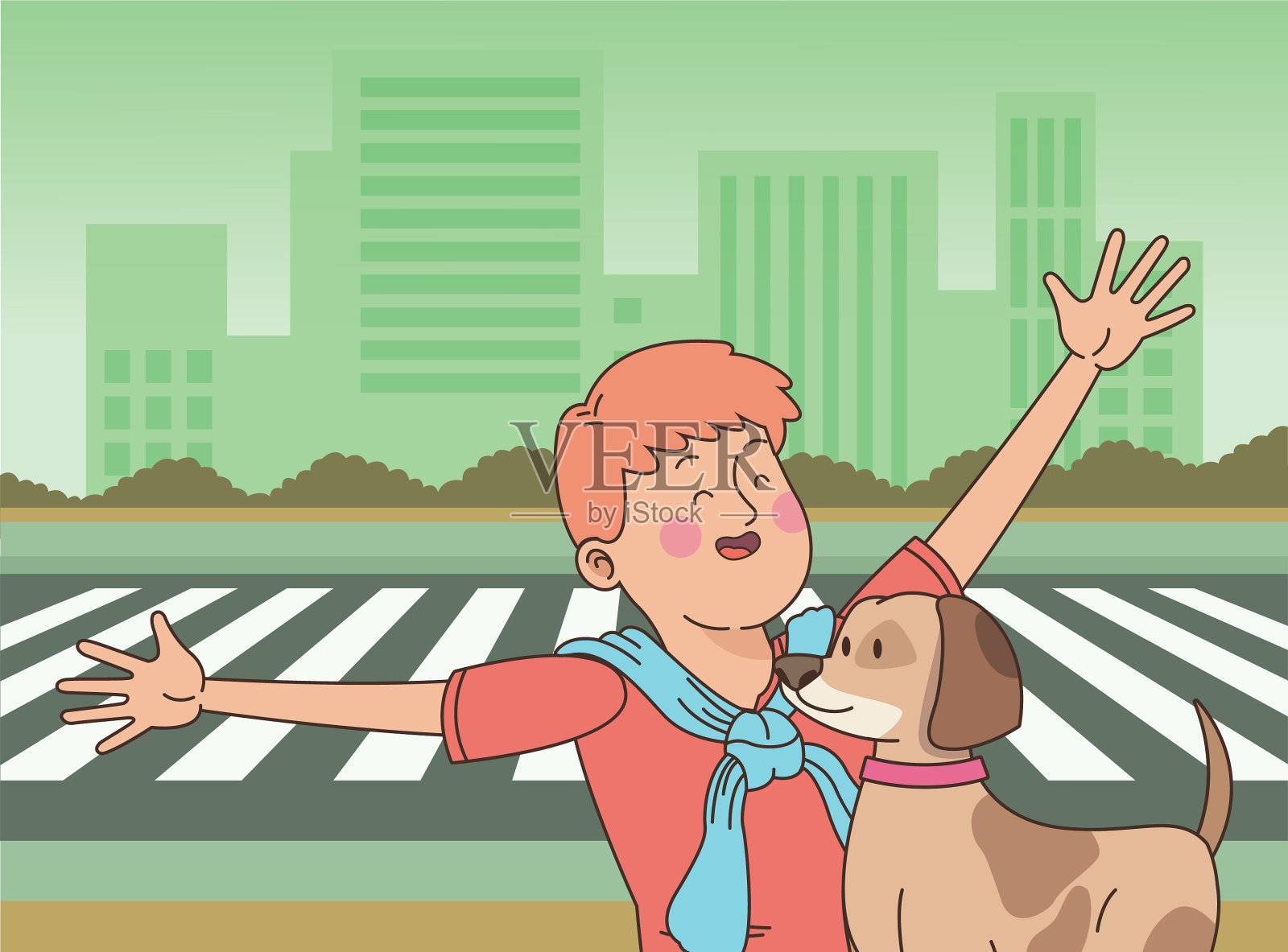 青少年微笑和遛狗卡通插画图片素材