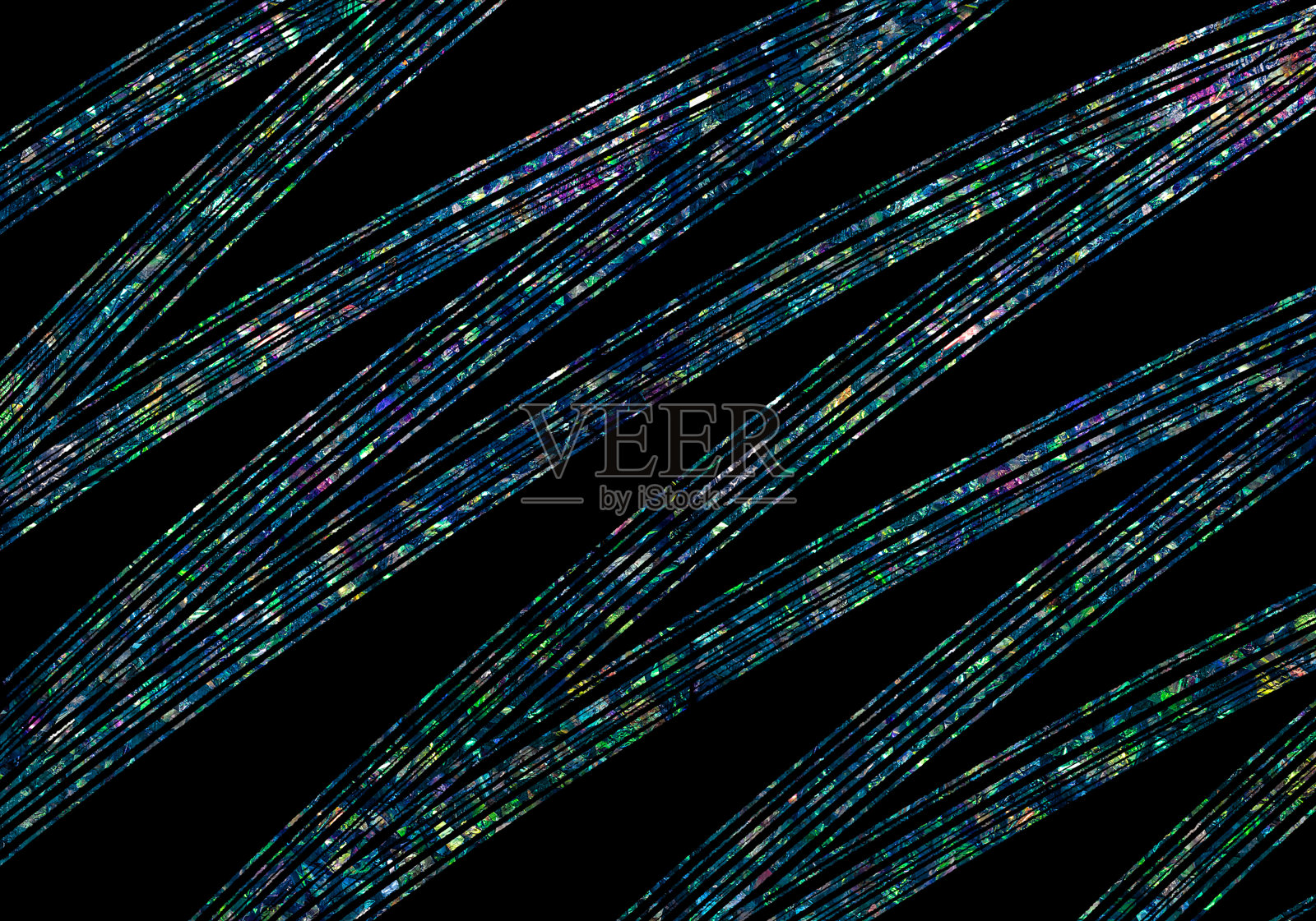 蓝色和绿色闪闪发光的条纹在黑暗的背景。充满活力的背景与闪烁的灯光。插画图片素材