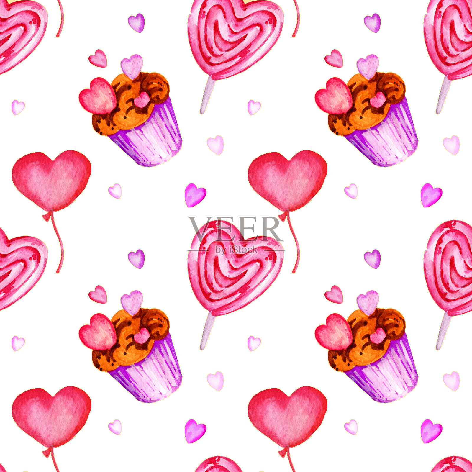 无缝水彩图案与心，糖果和纸杯蛋糕的情人节主题，手绘插图，粉红色和淡紫色的白色背景。用于婚礼、面料、情人节、母亲节插画图片素材