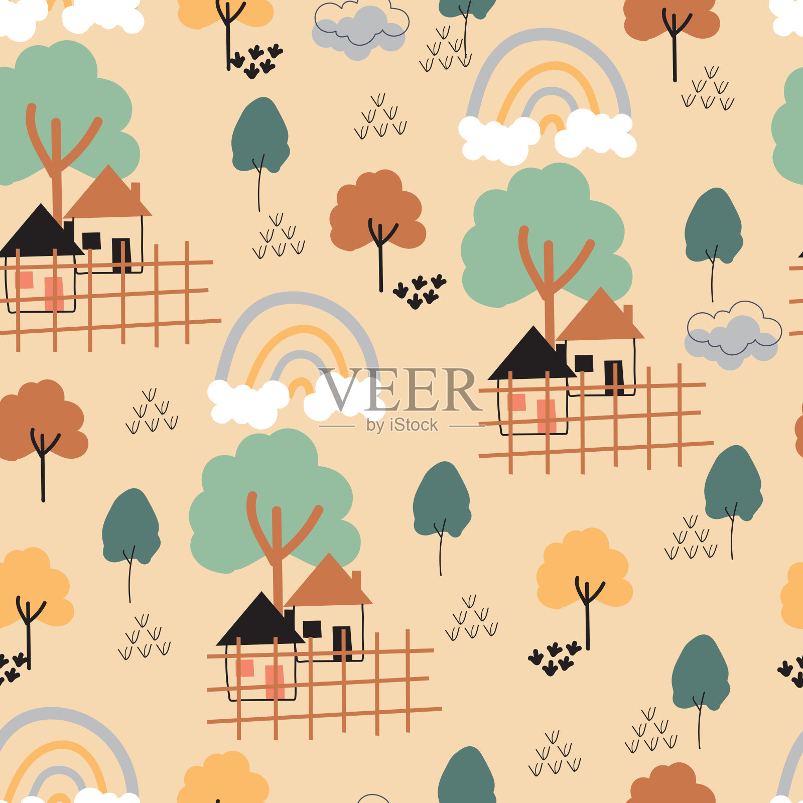 精致幼稚的无缝表面花纹设计。整个印刷异想天开的安排的房子，树木和波西米亚彩虹插画图片素材