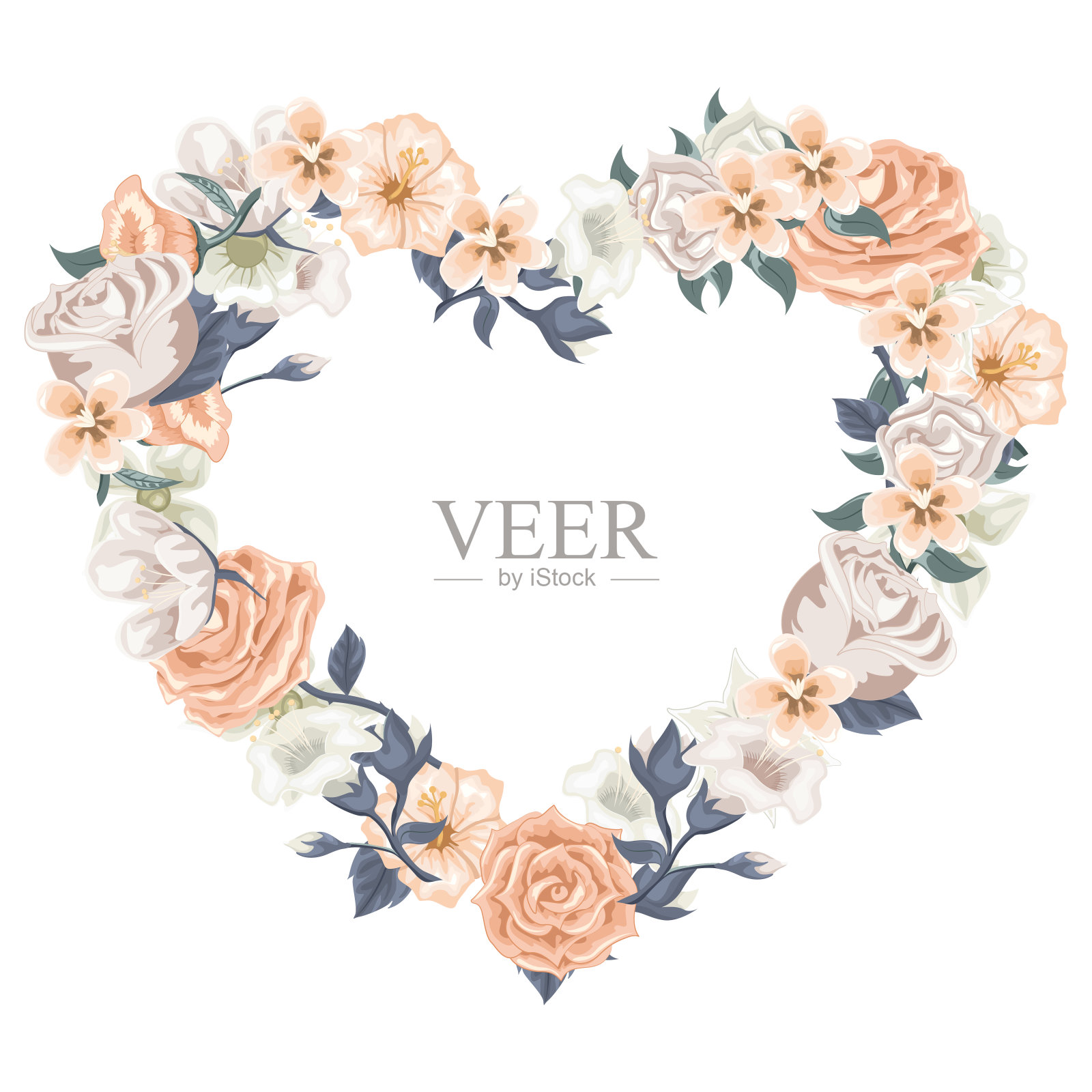 温暖的心花，玫瑰和郁金香的邀请卡，情人节，结婚，婚礼和设计与怀旧的触摸插画图片素材