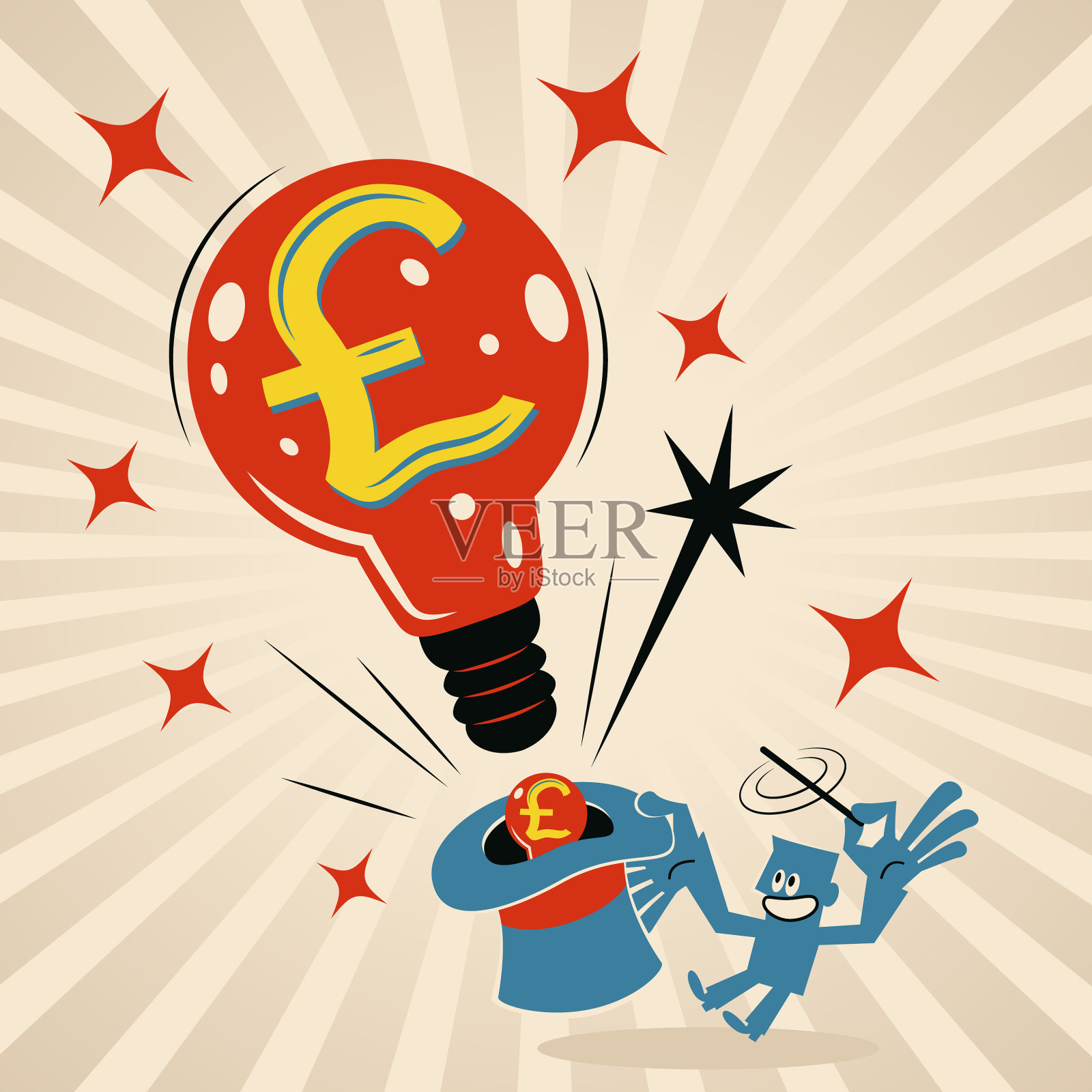 商人挥舞着魔杖，然后这个有英镑标志(英国货币)的超级棒的灯泡从魔法帽子里出来插画图片素材