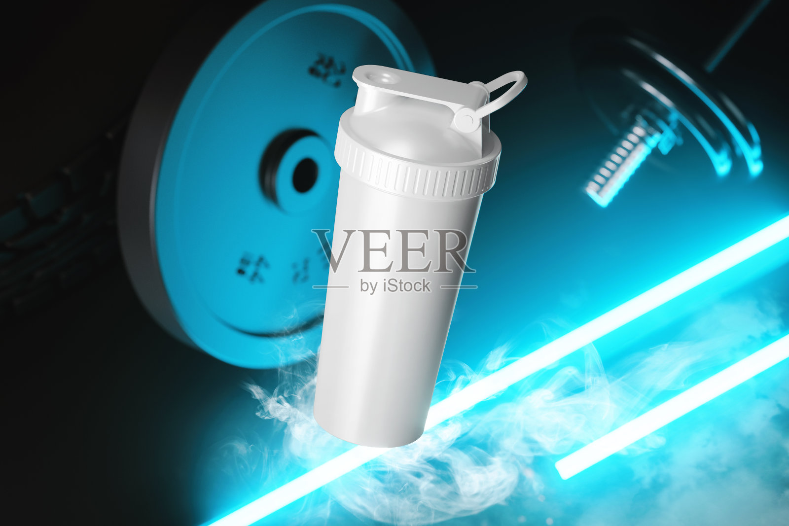 健身房里带着霓虹灯模型的飞行塑料摇床。三维渲染照片摄影图片