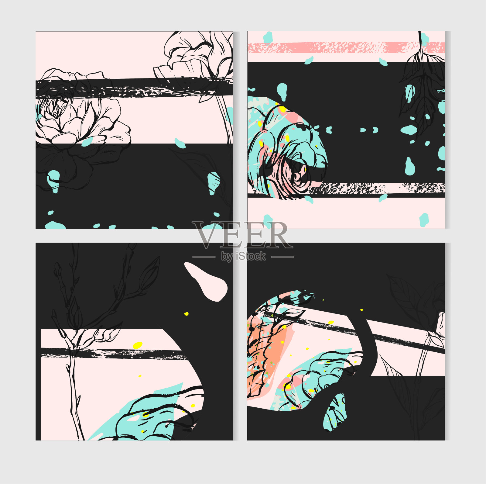 婚礼卡片集与仙人掌设计平面隔离矢量插图插画图片素材