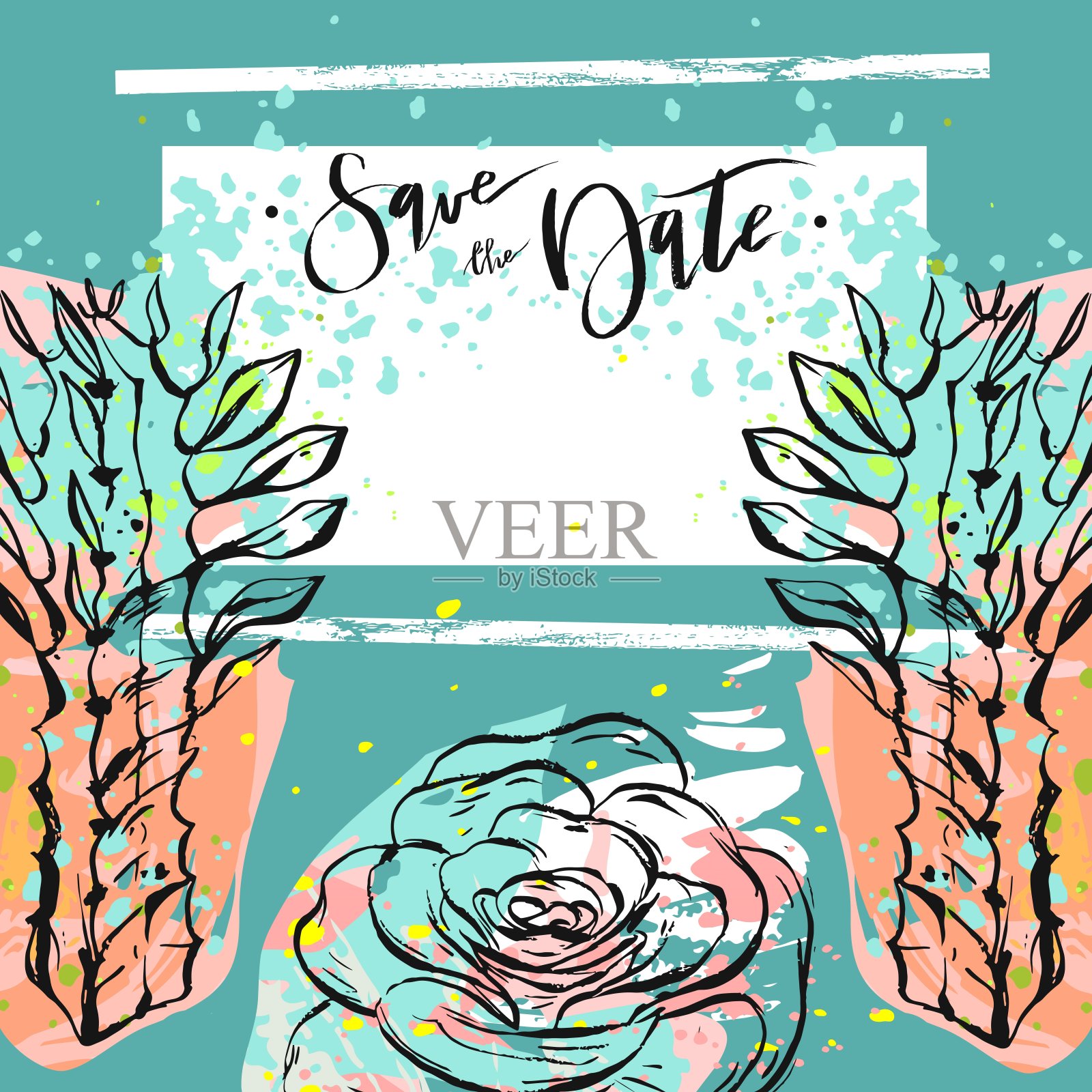 手绘矢量抽象创意不寻常的通用保存日期卡模板与图形花和多肉植物在柔和的颜色。手工制作的纹理。婚礼,周年纪念,生日,聚会的邀请插画图片素材