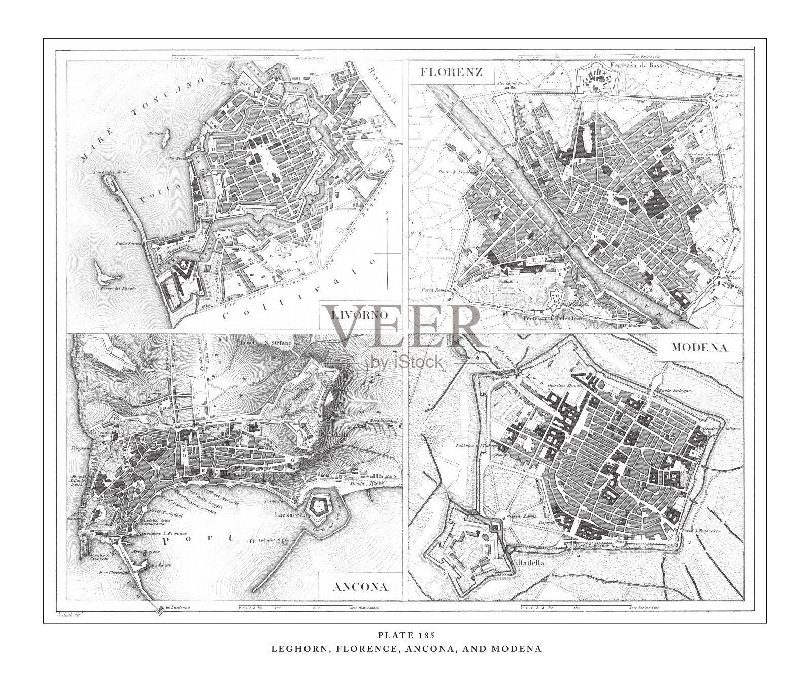 里窝那，佛罗伦萨，安科纳和摩德纳版画古董插图，出版于1851年插画图片素材