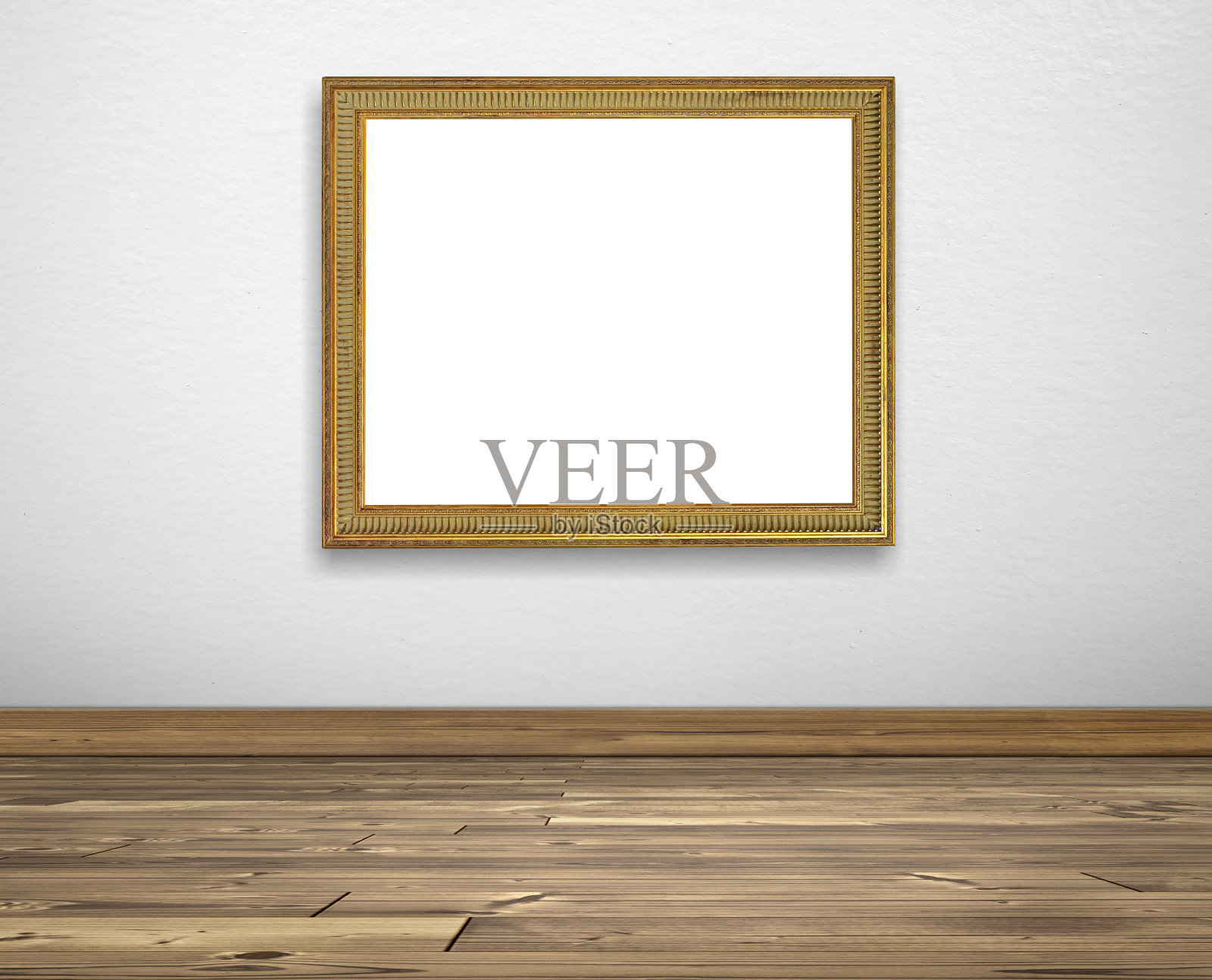 白色墙壁和木地板上的金色相框照片摄影图片