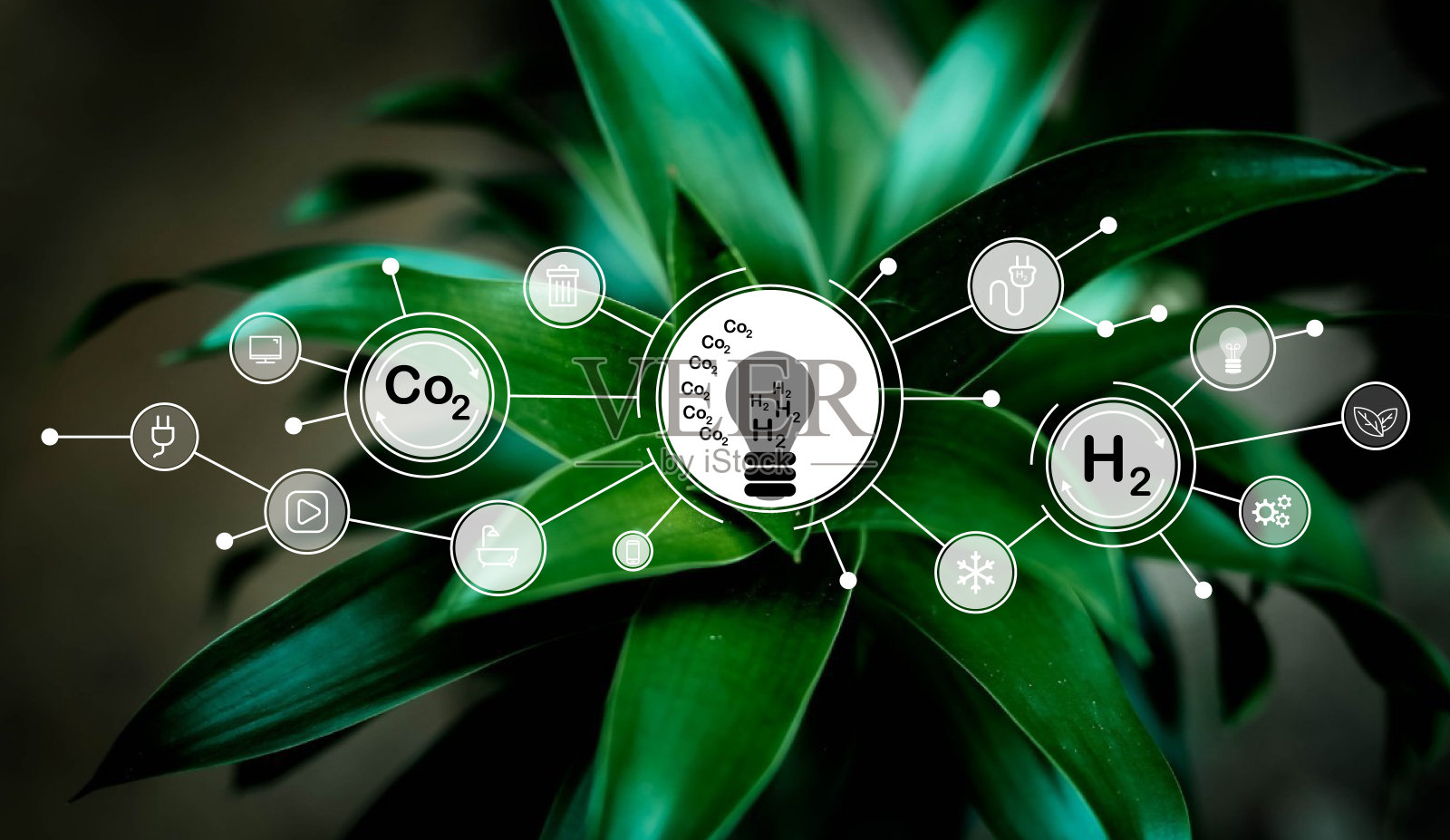 减少二氧化碳排放概念。清洁友好的环境，不排放二氧化碳。放大镜玻璃内的二氧化碳减排图标，用于碳信用，以限制气候变化导致的全球变暖照片摄影图片