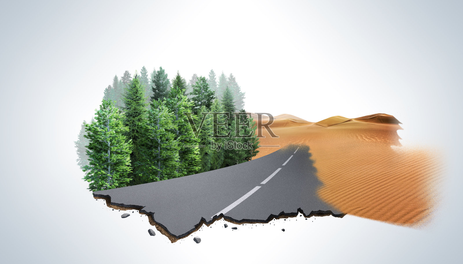 无限路与景观的3d插图。沙漠越野与云或永不结束的越野设计广告。一片与世隔绝的绿地，创意旅游越野设计。照片摄影图片