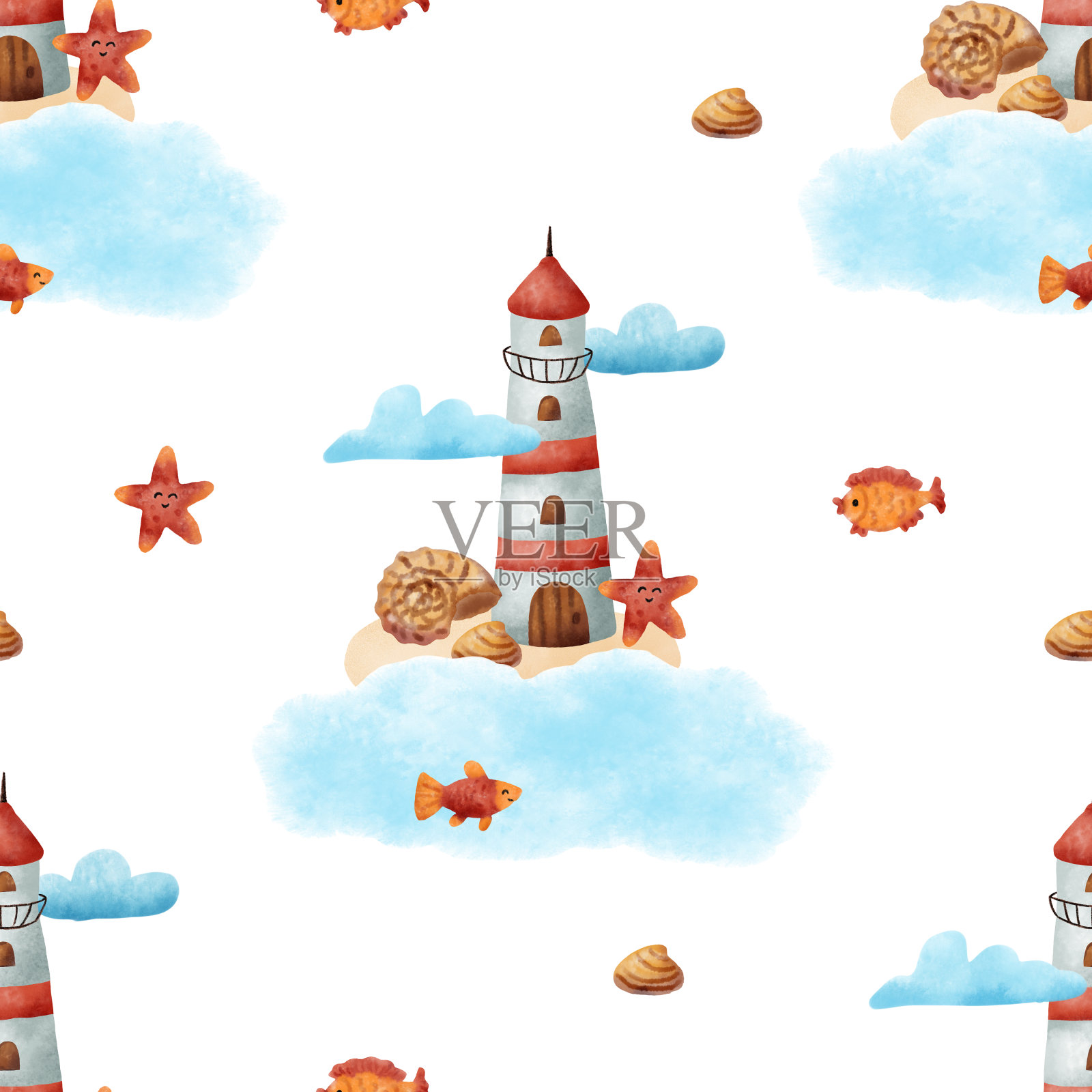 无缝图案与灯塔，云，海星，海贝和鱼。手绘插图。插画图片素材