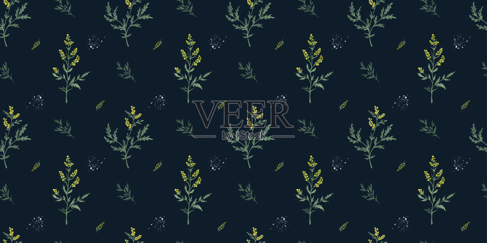 无缝图案与水彩山艾草刷。暗底艾草。插画图片素材