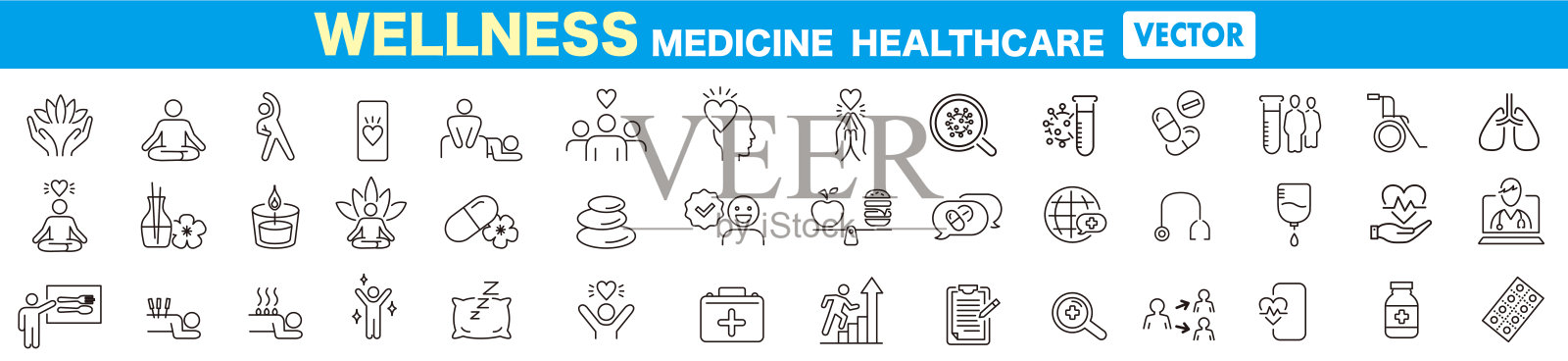 健康，放松，健康，锻炼，瑜伽，水疗，饮食，健康，图标集收集。插画图片素材