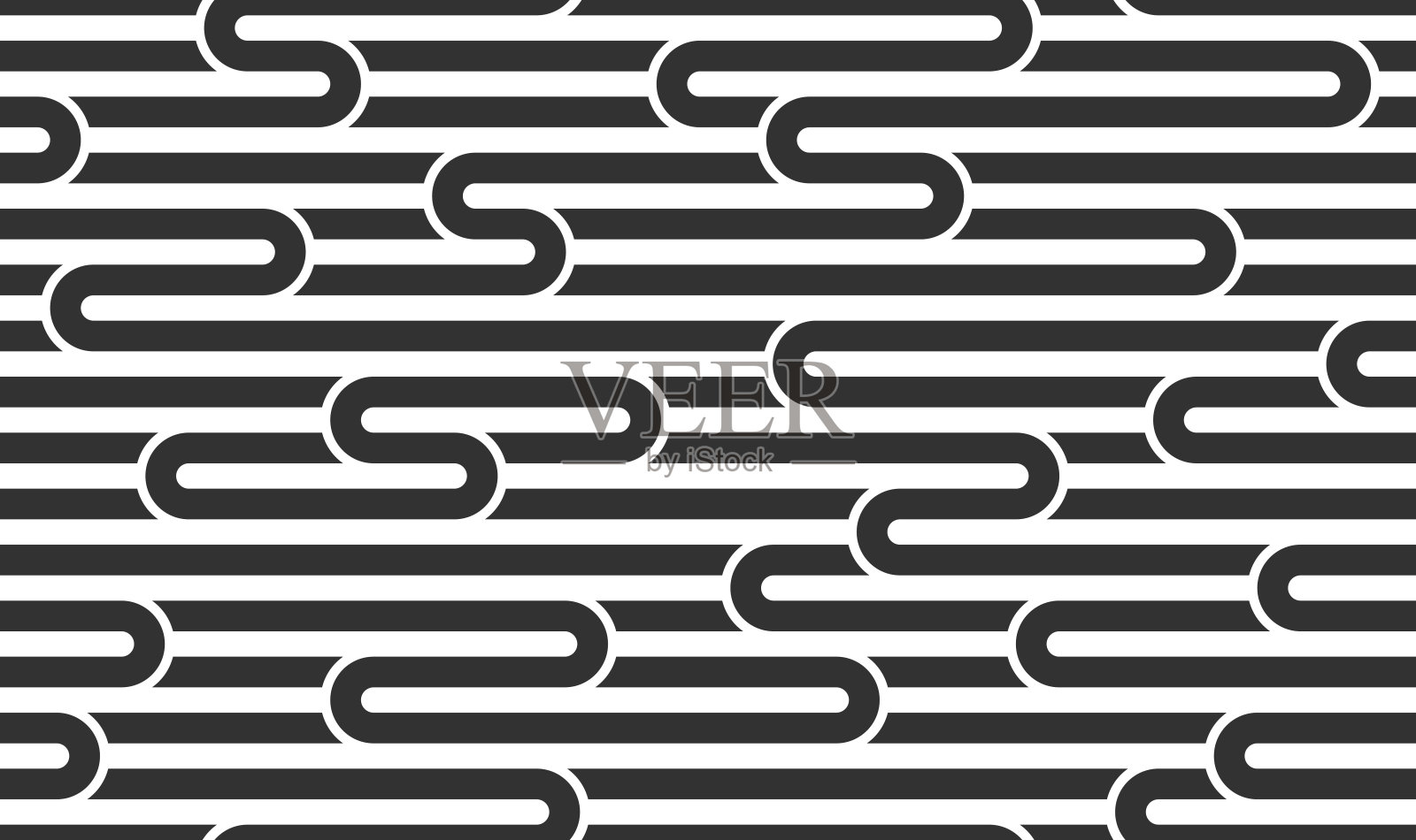 带扭曲线条的直线无缝矢量图案，几何抽象背景，条纹网，光学迷宫，网状网。黑白设计。插画图片素材
