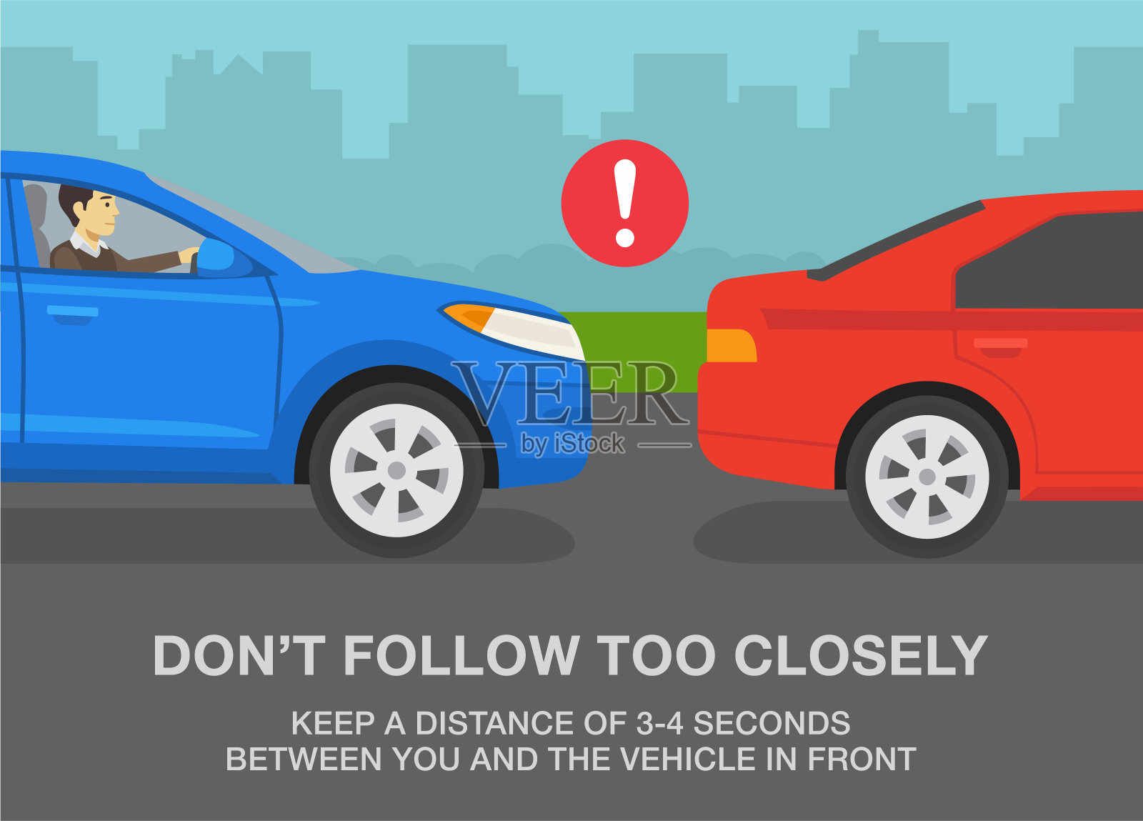 安全驾驶技巧及交通规则。蓝色suv紧跟着一辆红色轿车。在路上保持安全距离。插画图片素材