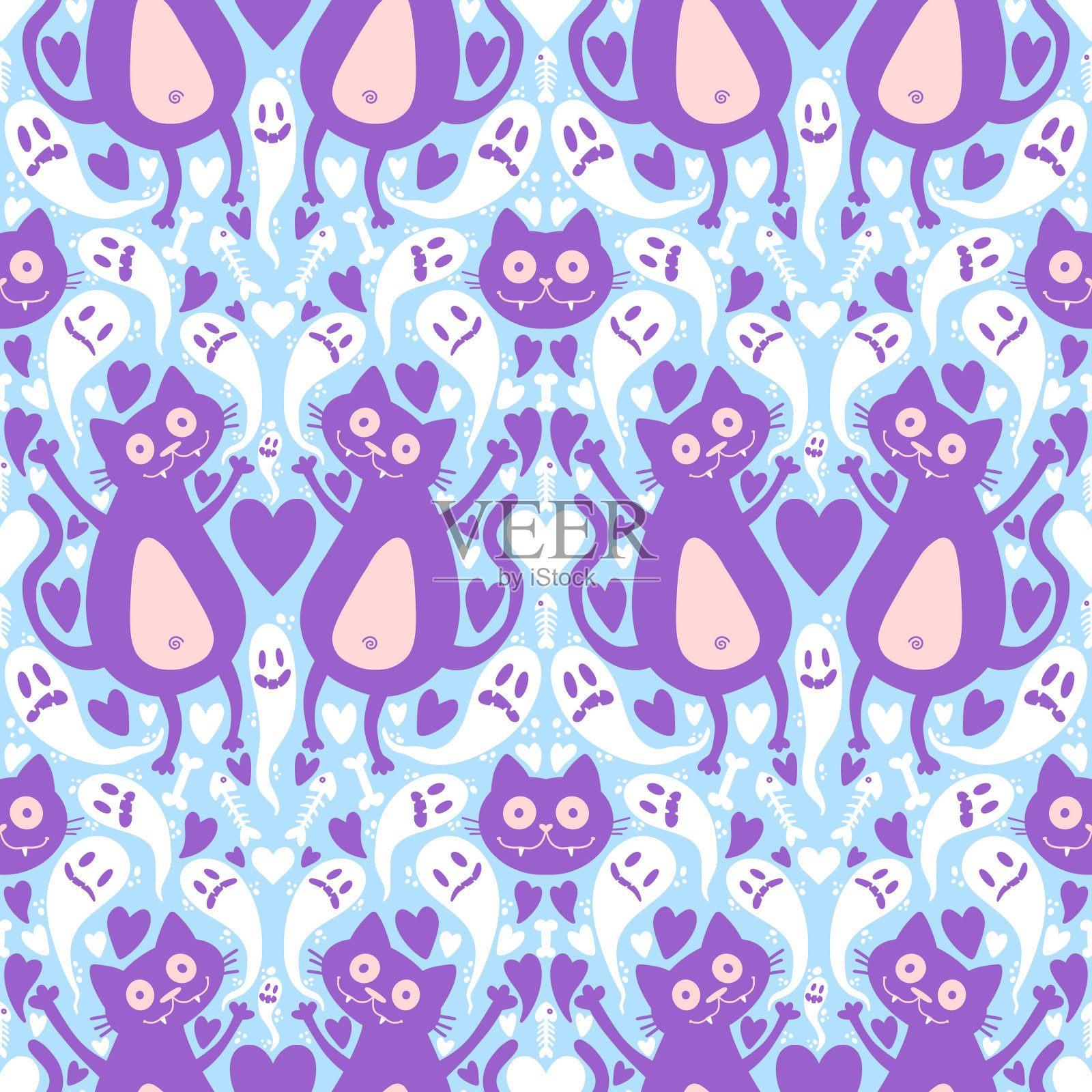 万圣节无缝猫图案用于织物和纺织品及包装插画图片素材