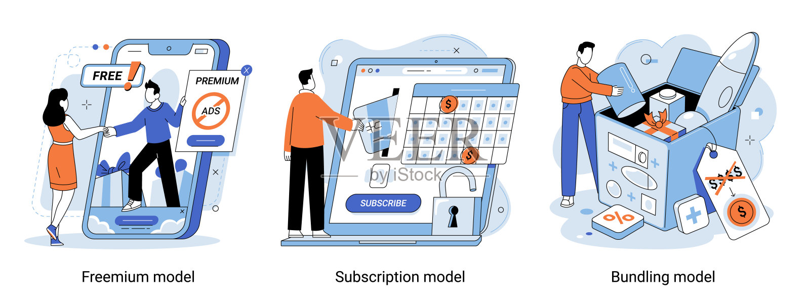 免费增值，订阅和捆绑模式，数字化流程建模，商业结构插画图片素材