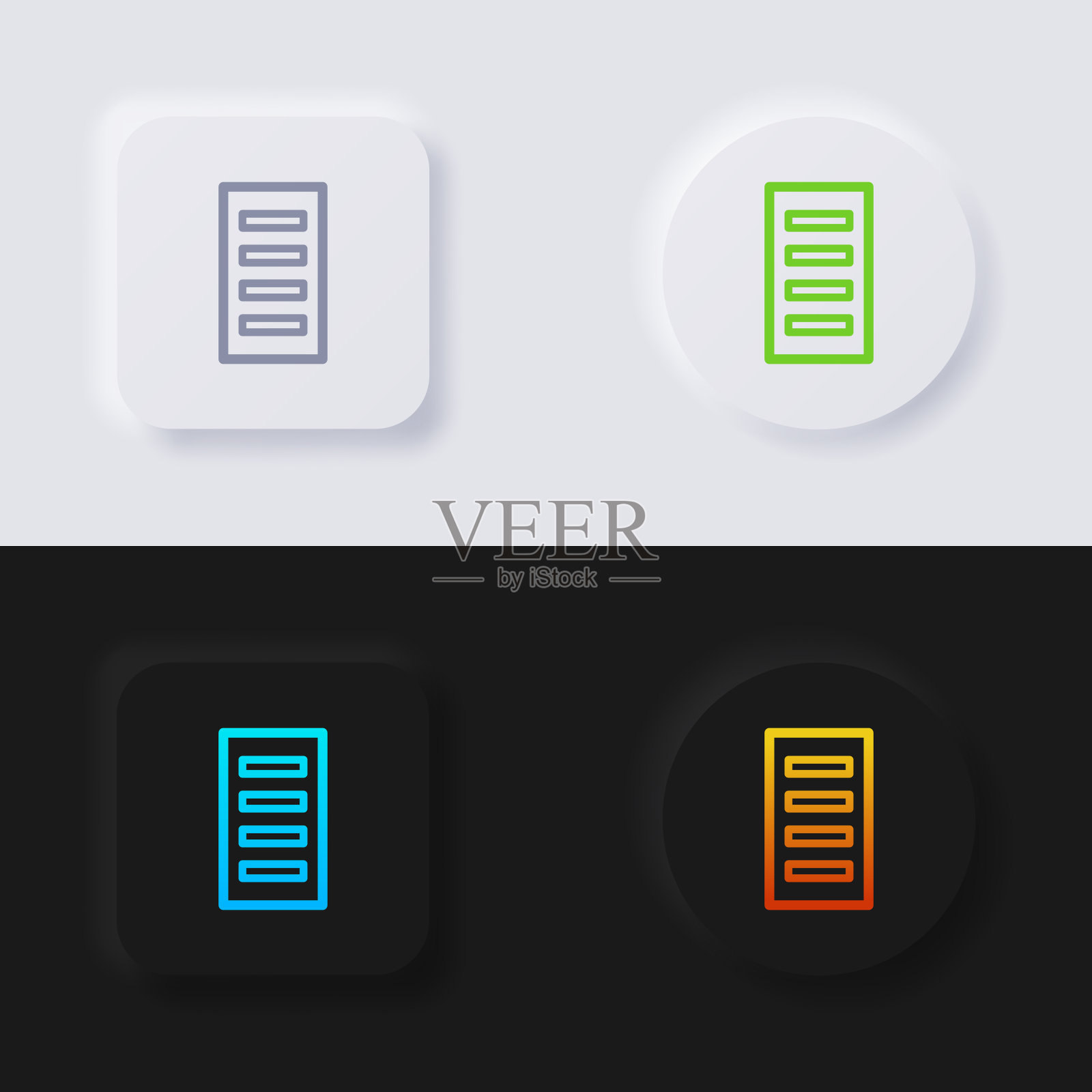 服务器图标集，网页设计的多色非同质按钮软UI设计，应用程序UI等，图标集，按钮，矢量。图标素材