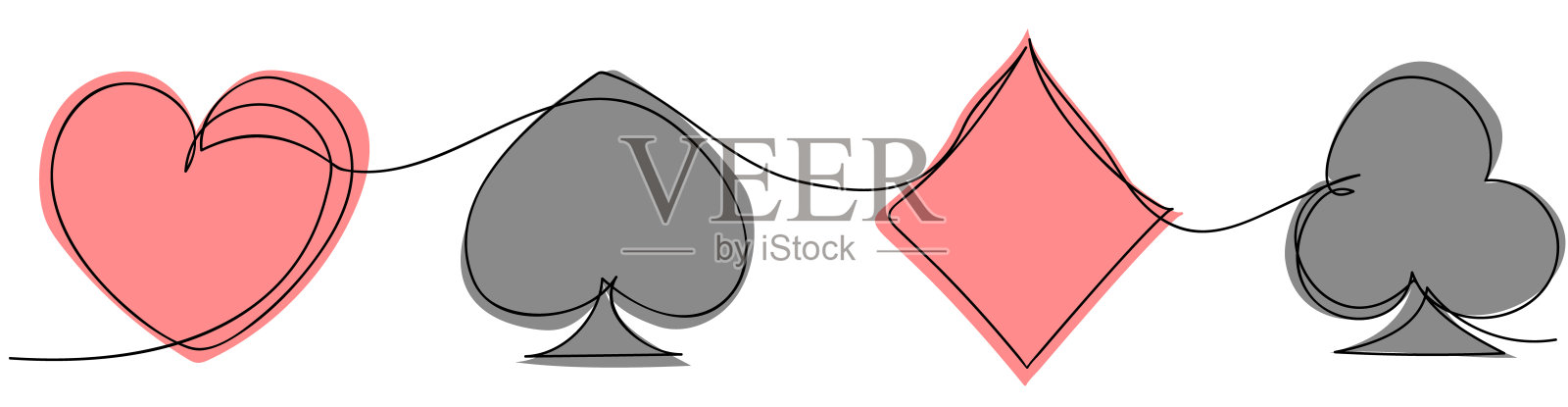 扑克牌花色的连续单线绘制。在线赌场扑克游戏概念轮廓设计。插画图片素材