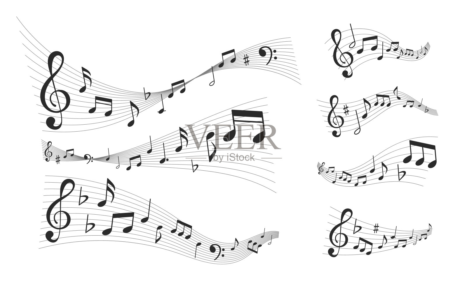 音符的波浪，和谐声音的节奏级联，起伏的旋律交织，矢量插画图片素材