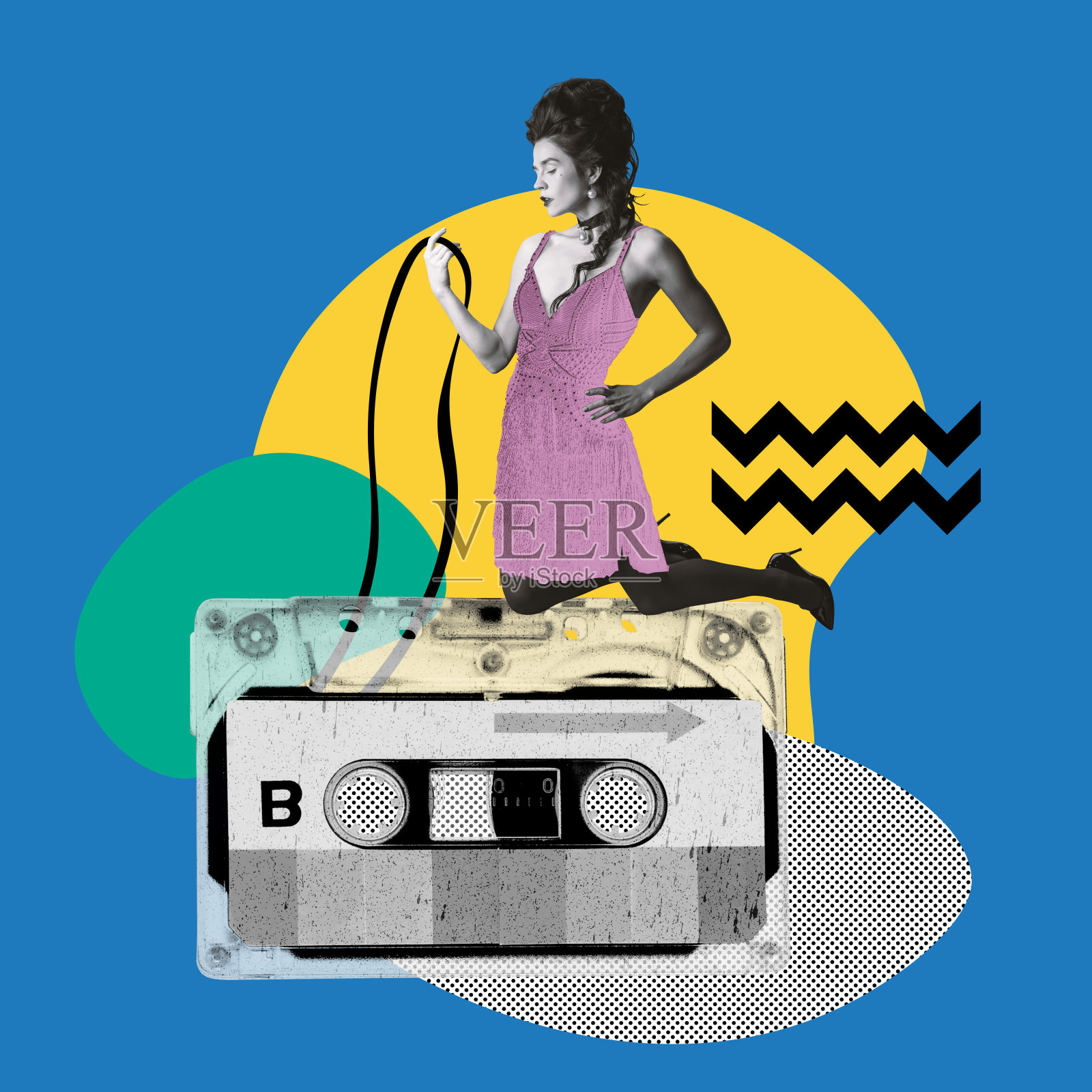 当代艺术拼贴。热情，美丽的年轻女子，站在抽象背景上的女王。复古的风格照片摄影图片