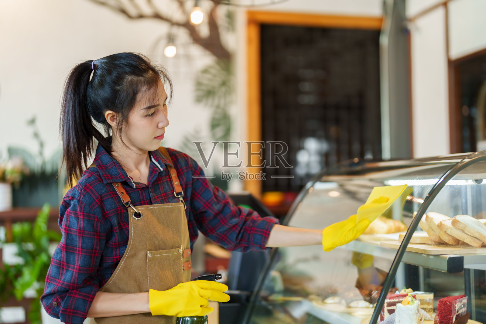 女咖啡馆面包店工人一手戴着乳胶手套，另一手拿着玻璃喷雾瓶，员工们站在店里用布擦拭玻璃柜，在开店前把玻璃柜擦干净。照片摄影图片