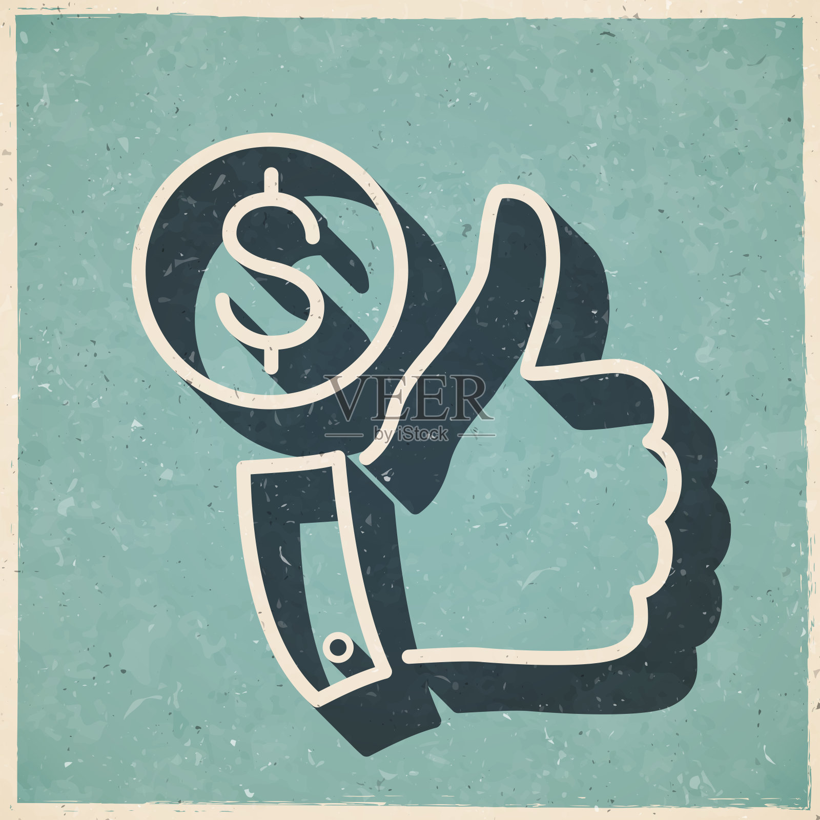 竖起大拇指的一美元硬币。图标复古复古风格-旧纹理纸插画图片素材