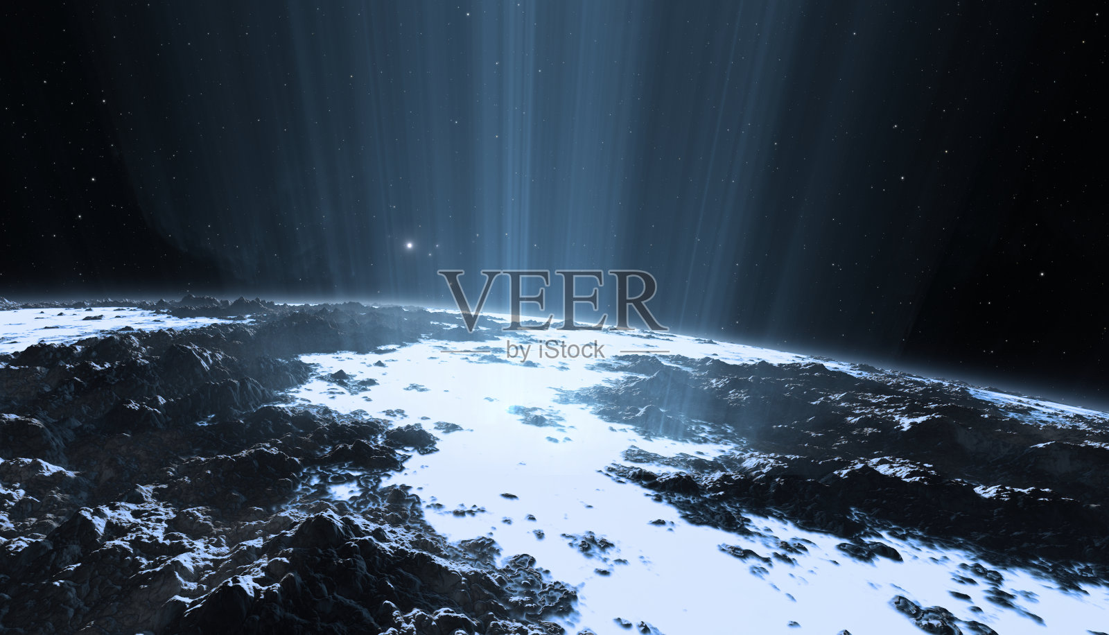 巨大的水汽柱从冰雪覆盖的月球上喷涌而出，冰冷的月球上有巨大的间歇泉照片摄影图片