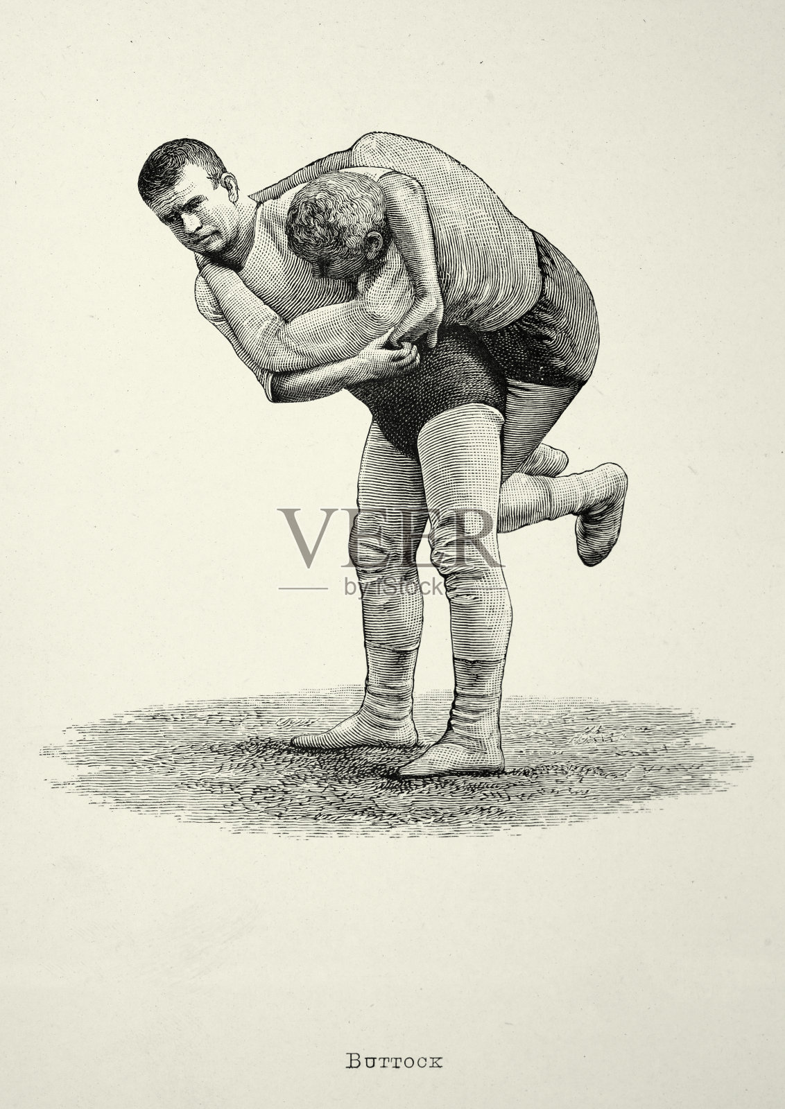 两个摔跤手，摔跤动作，臀部投掷，维多利亚时期的格斗运动，19世纪插画图片素材