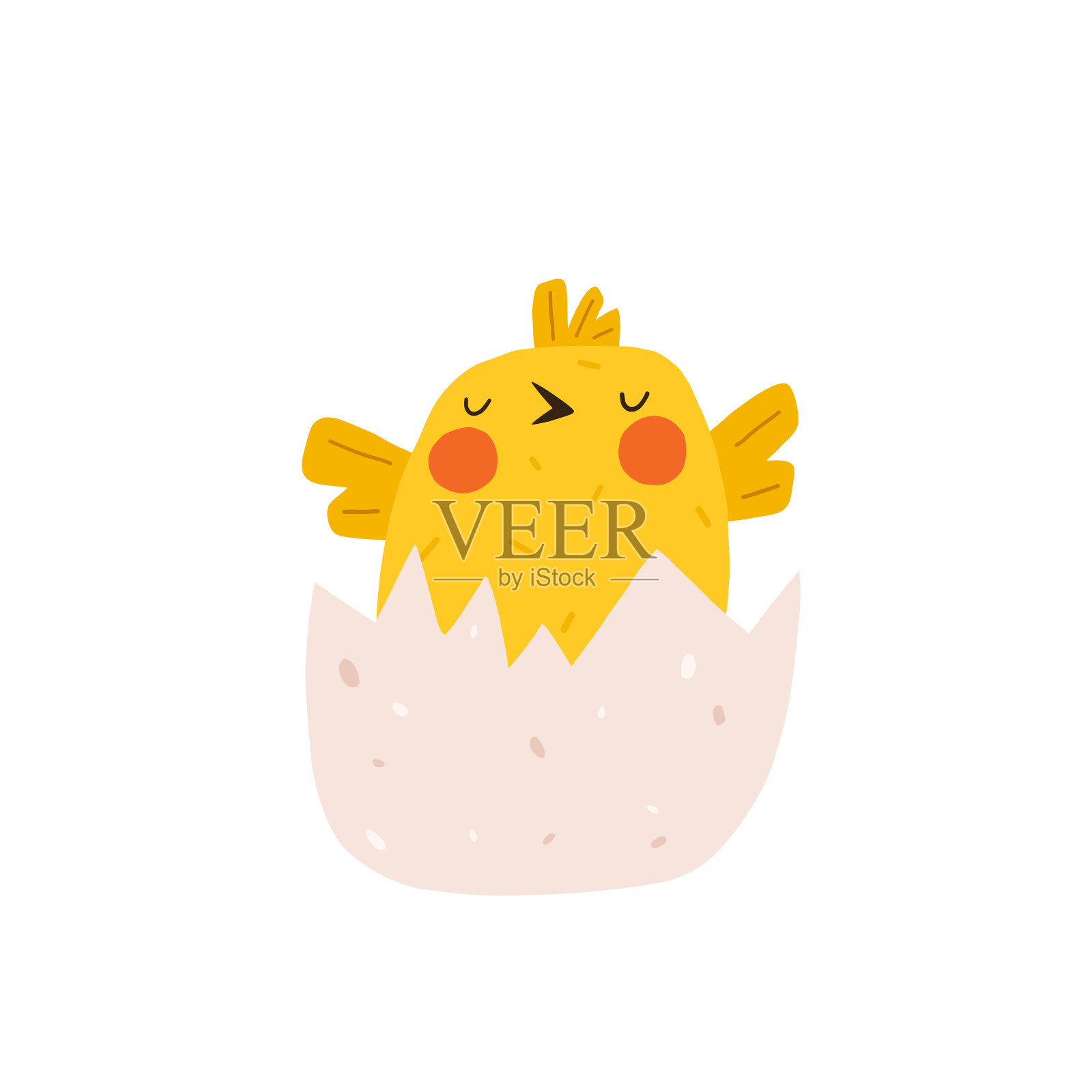 可爱的小黄鸡从蛋里孵出来了。刚出生的有趣的小鸡从蛋里出来。复活节设计元素。卡通矢量插图。插画图片素材