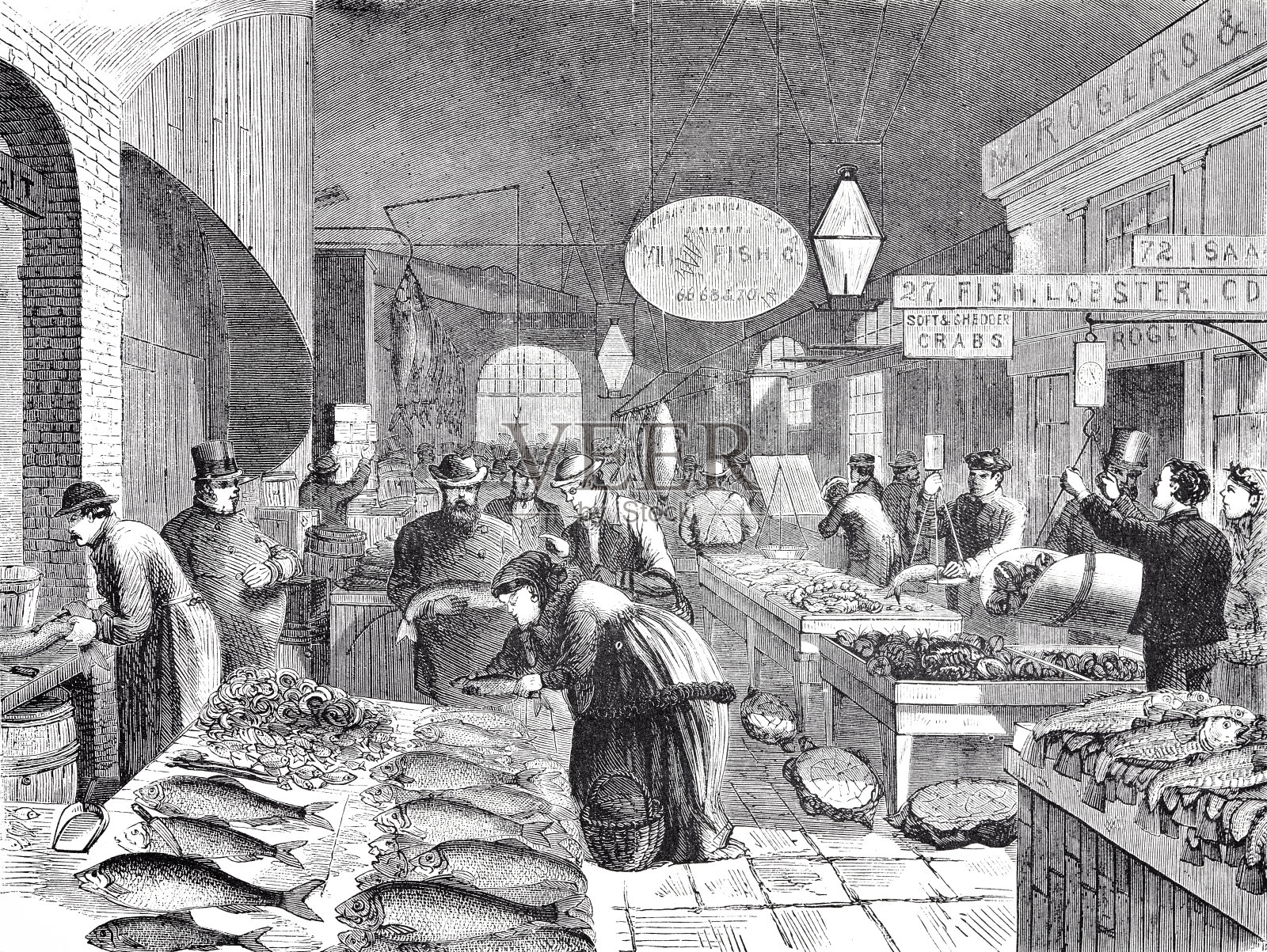 纽约市富尔顿鱼市场，1869年插画图片素材