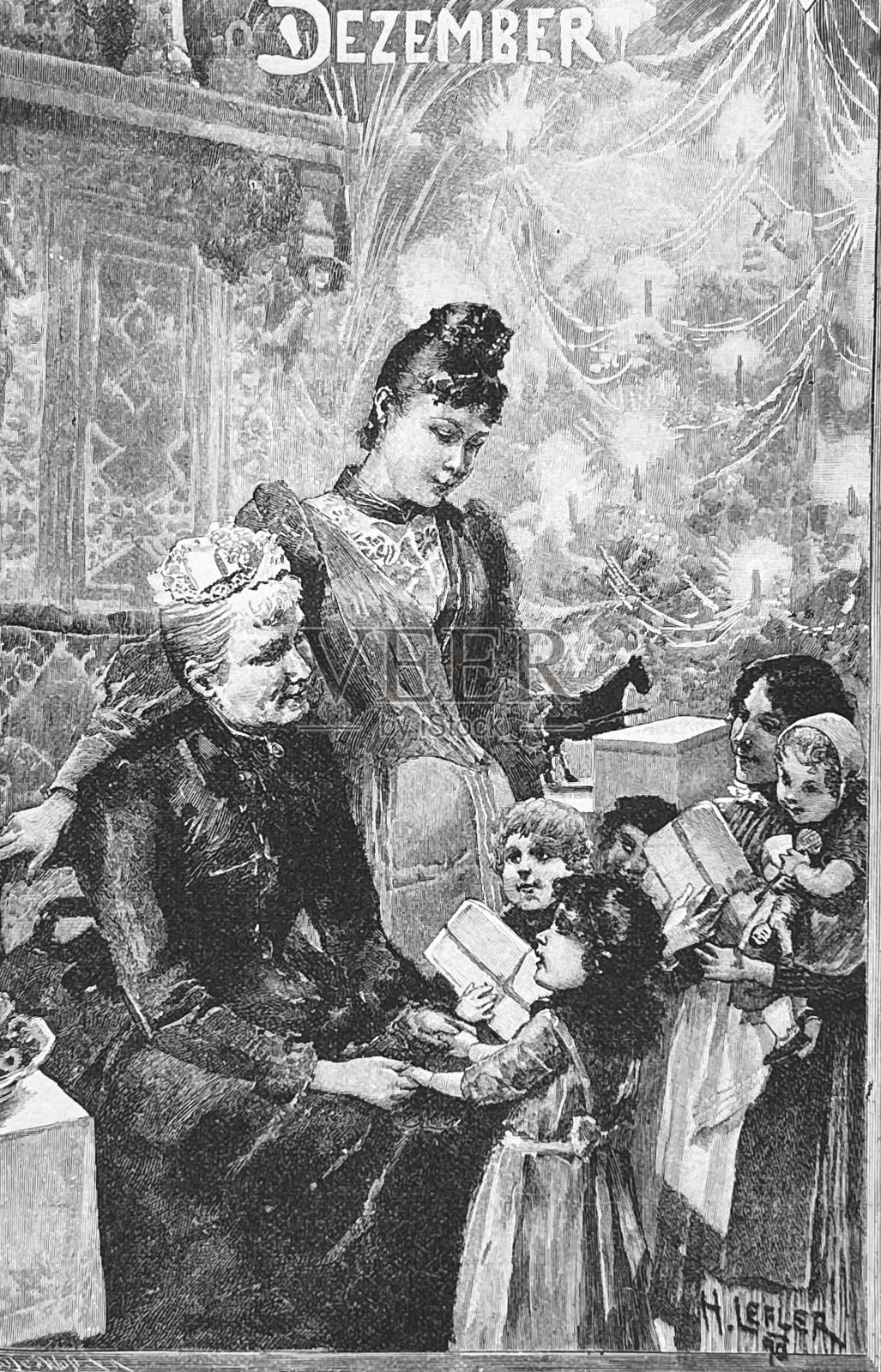 给穷孩子的圣诞礼物，两个女人递过来插画图片素材