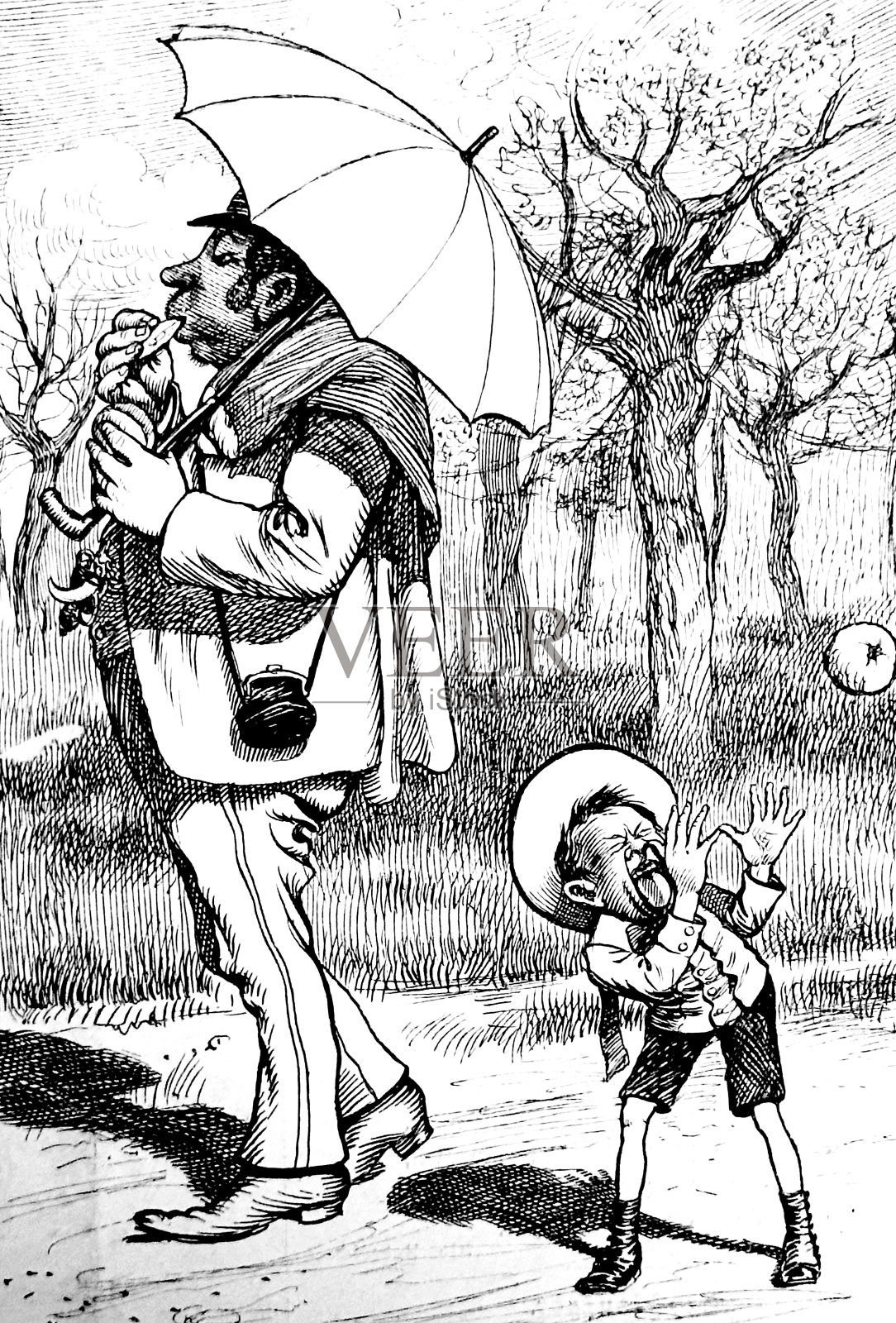 淘气的男孩模仿一个带伞走路吃东西的游客，给他看他的长鼻子插画图片素材